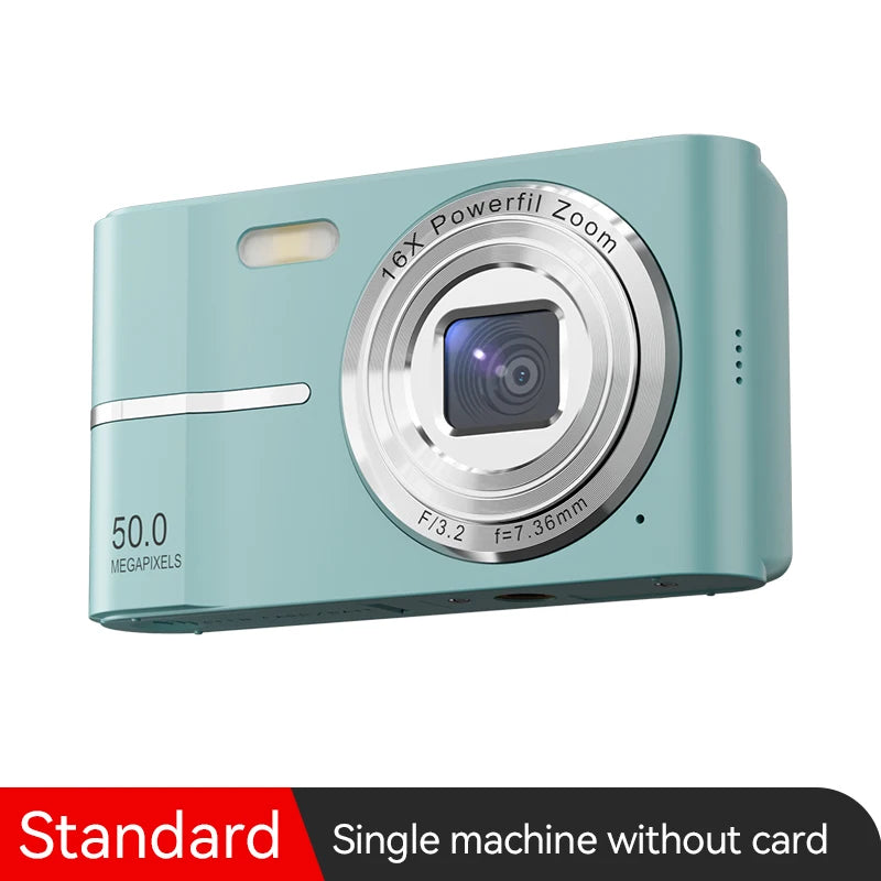50MP Digital Camera with compact design, perfect for students and travel, featuring a lens and buttons.