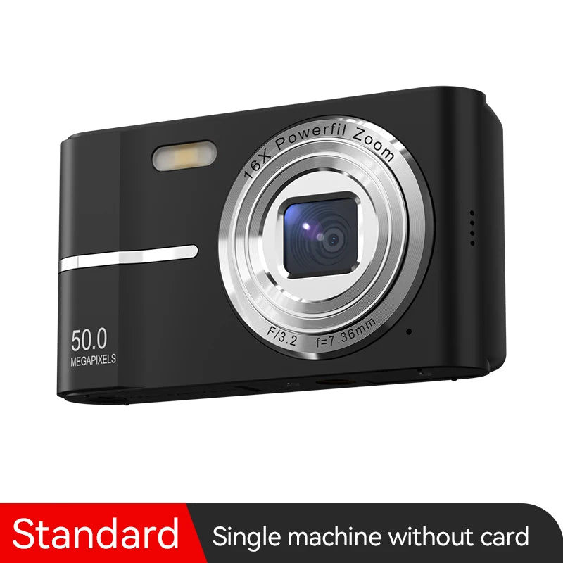 50MP Digital Camera with compact design, perfect for students and travel, featuring a lens and buttons.