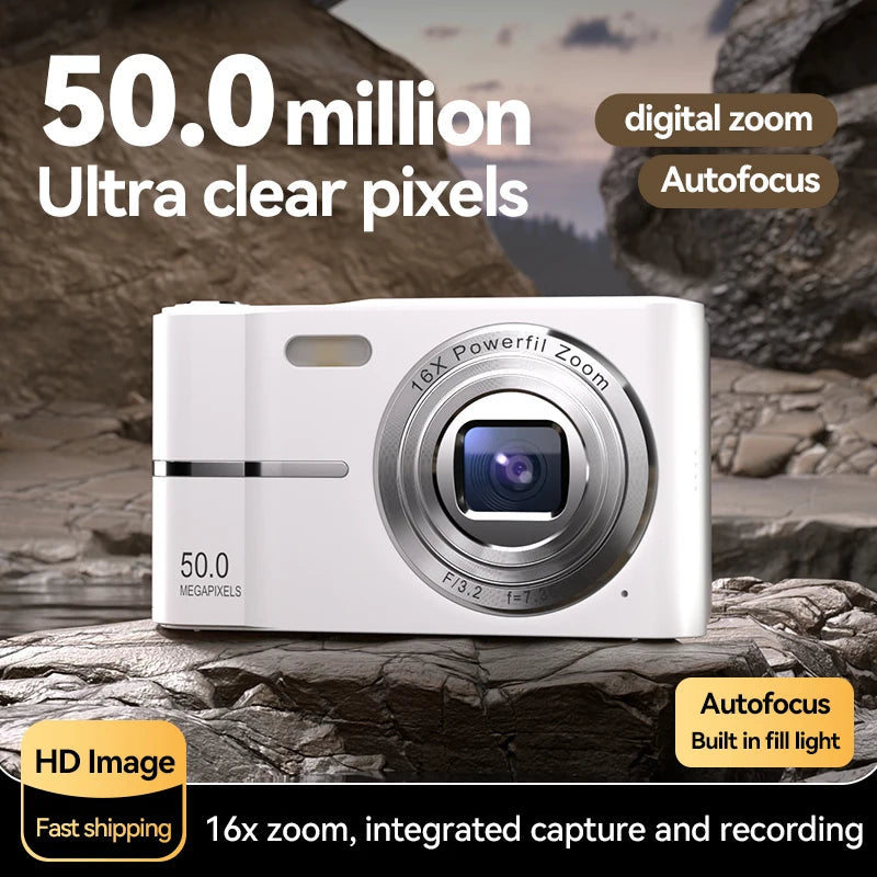 50MP Digital Camera with compact design, perfect for students and travel, featuring a lens and buttons.