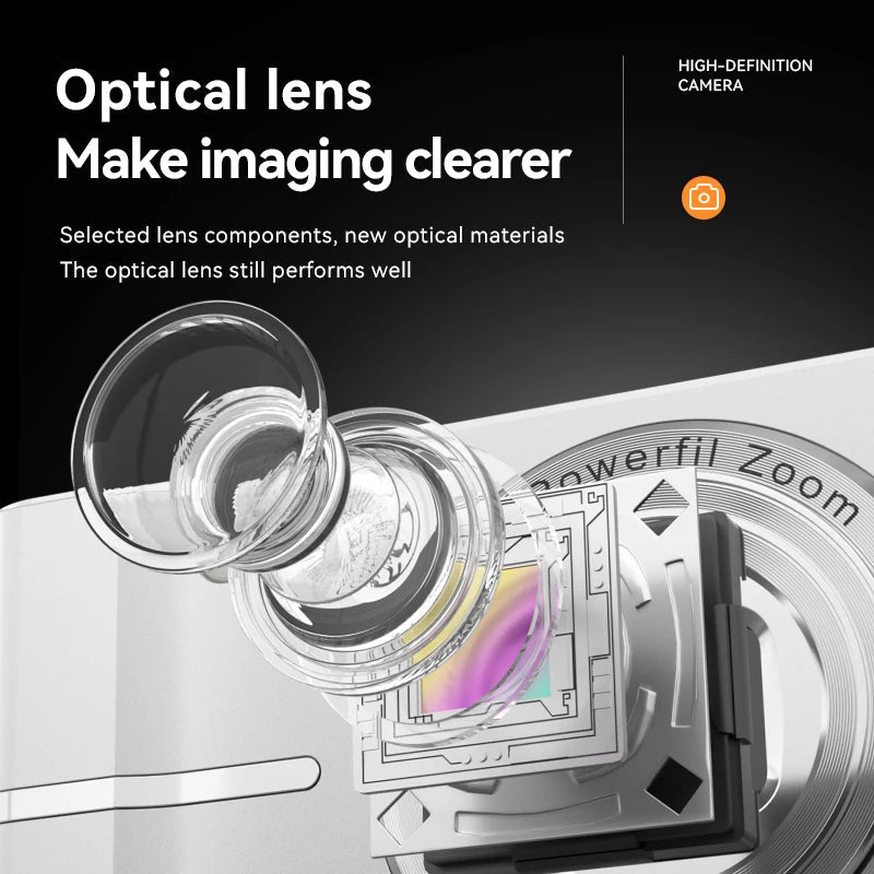 50MP Digital Camera with compact design, perfect for students and travel, featuring a lens and buttons.