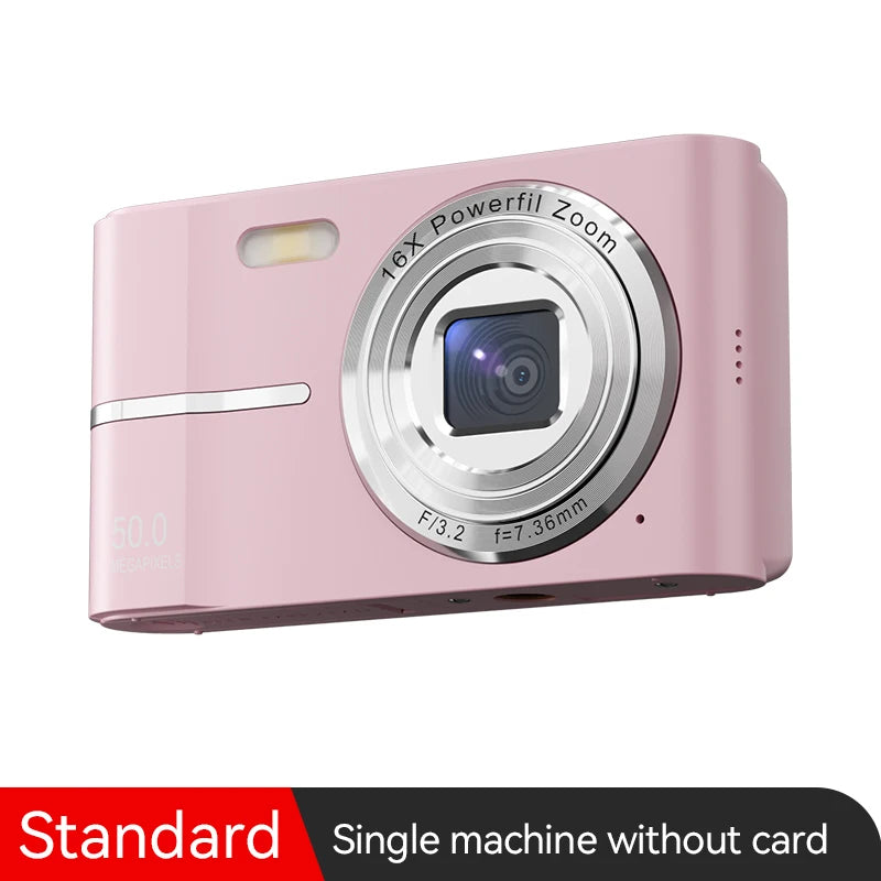 50MP Digital Camera with compact design, perfect for students and travel, featuring a lens and buttons.