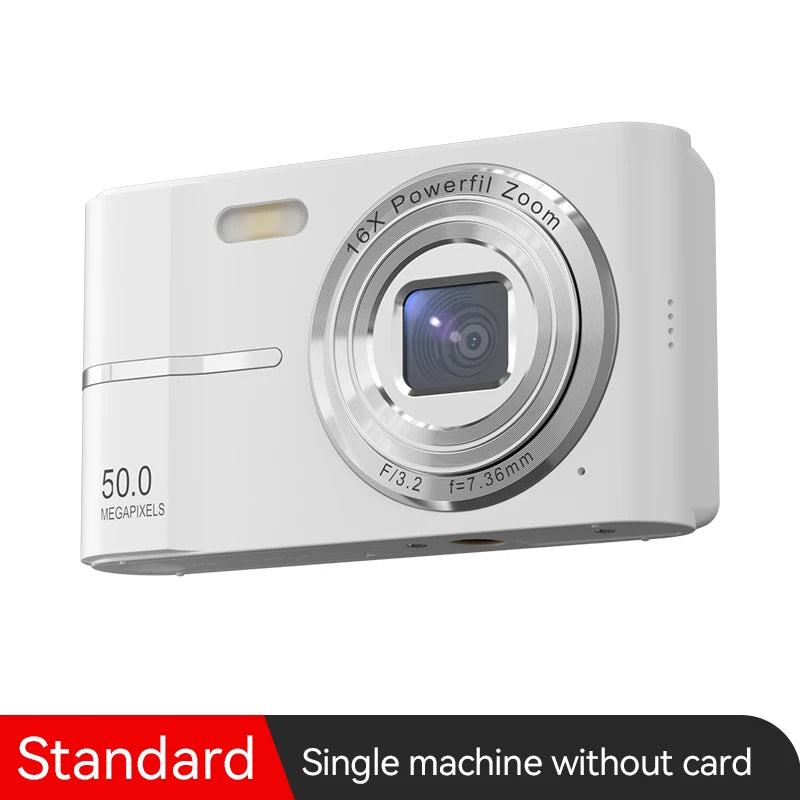50MP Digital Camera with compact design, perfect for students and travel, featuring a lens and buttons.