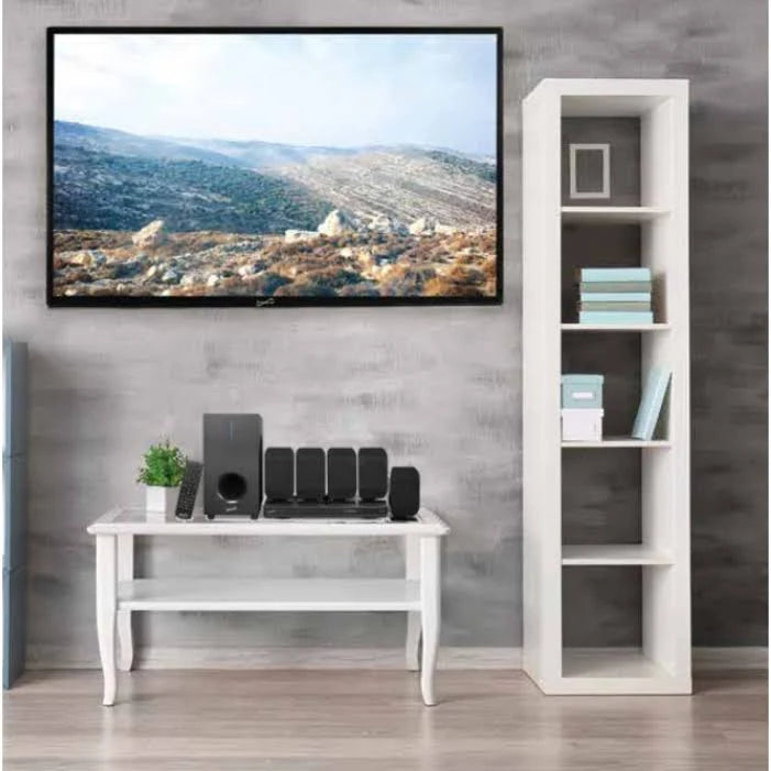 5.1 Channel DVD Home Theater System with remote control and AV cables, showcasing its sleek design and connectivity options.