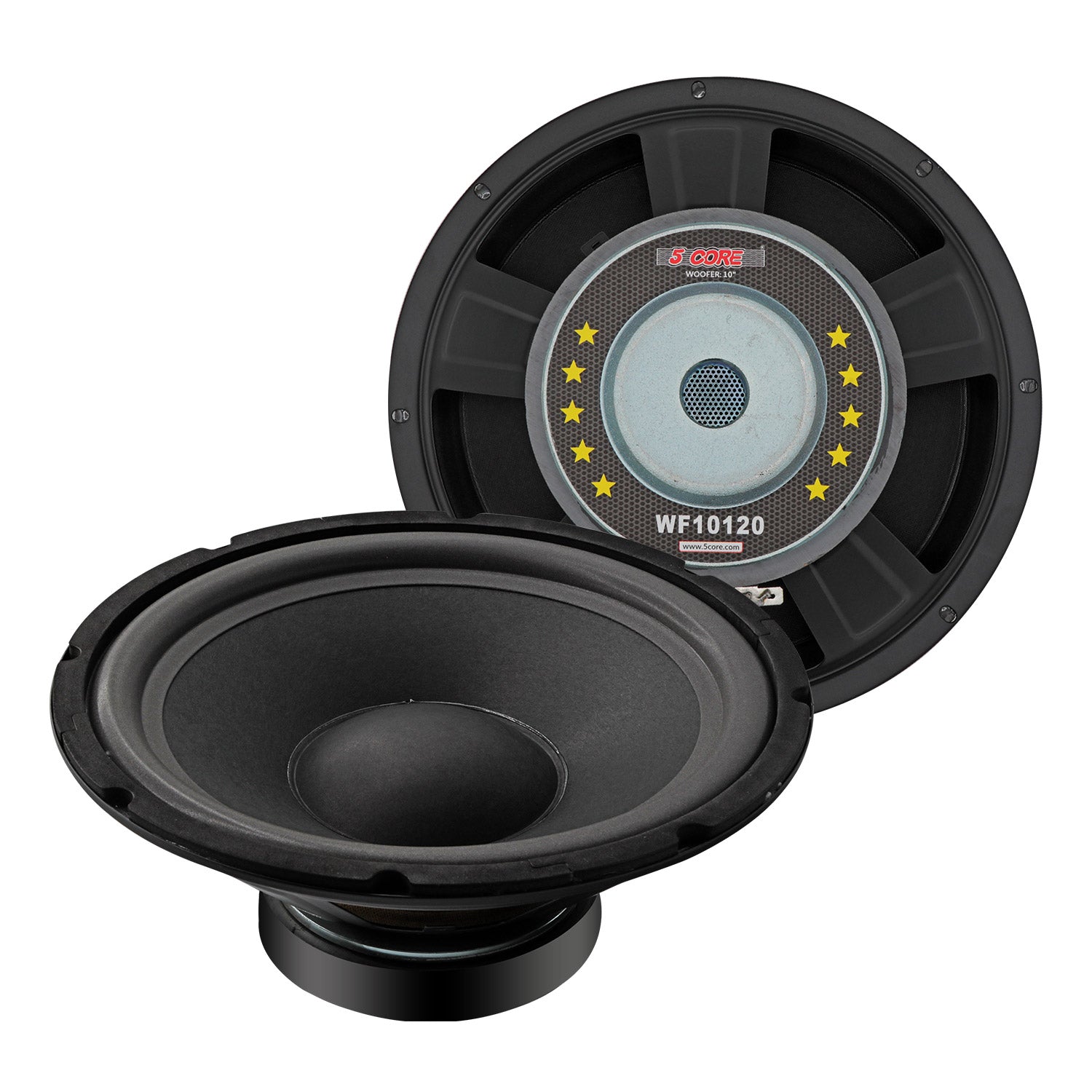 5Core 10 inch Subwoofer Speaker with a black paper cone and rubber edge, designed for car audio systems, showcasing its robust construction and powerful magnet.