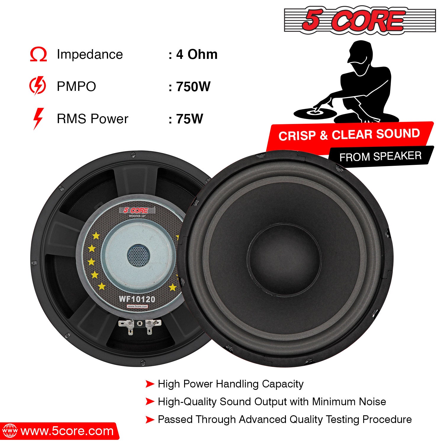 5Core 10 inch Subwoofer Speaker with a black paper cone and rubber edge, designed for car audio systems, showcasing its robust construction and powerful magnet.