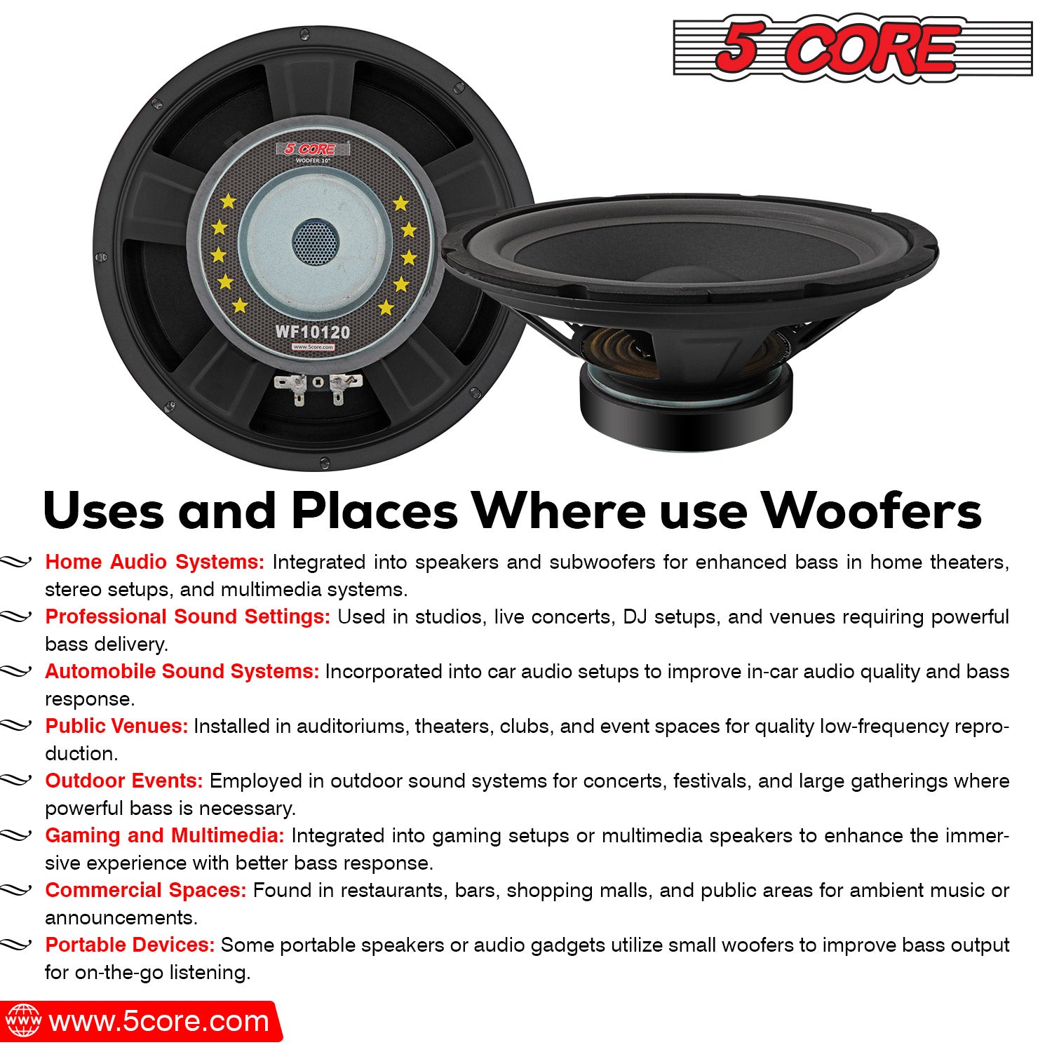5Core 10 inch Subwoofer Speaker with a black paper cone and rubber edge, designed for car audio systems, showcasing its robust construction and powerful magnet.