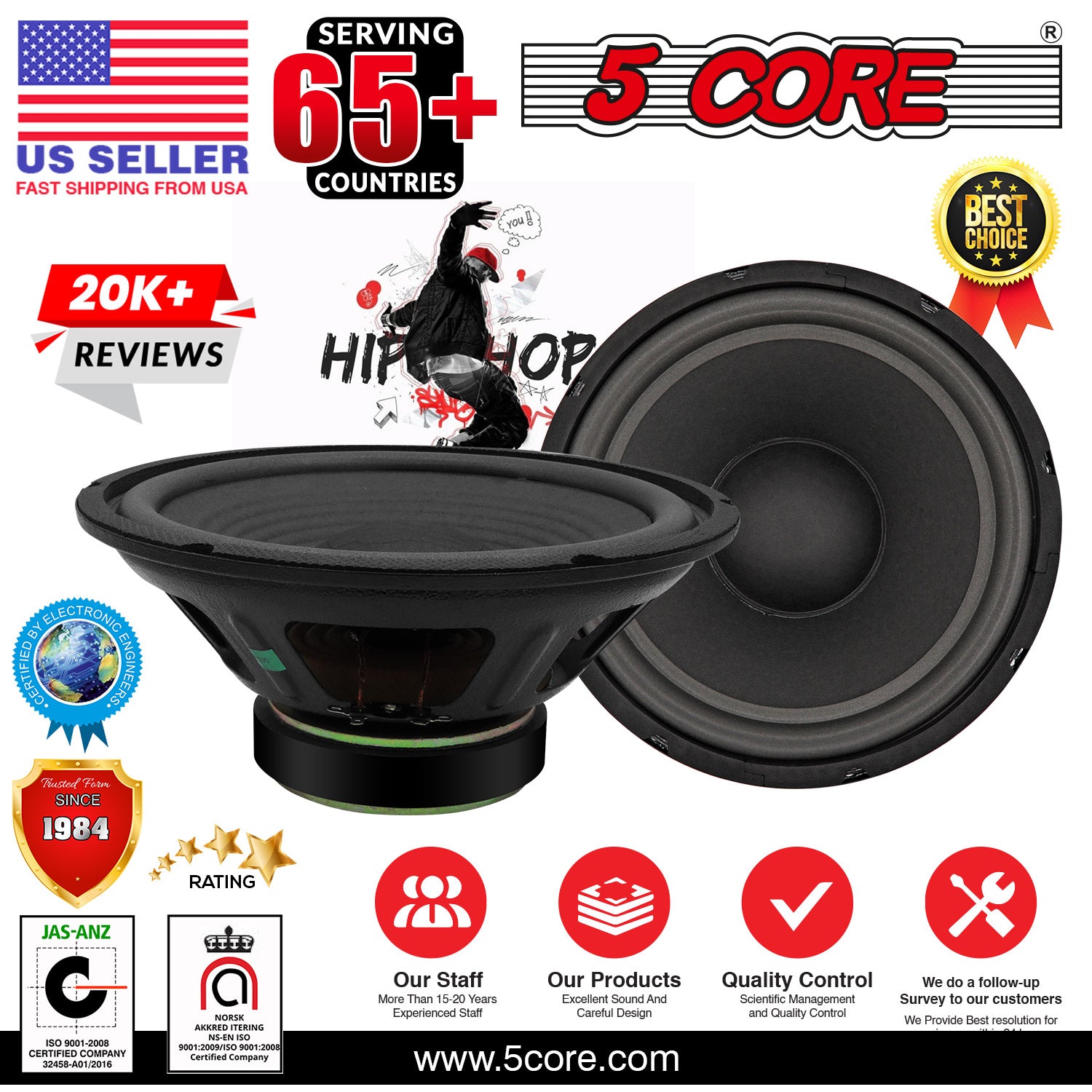 5Core 10 inch Subwoofer Speaker with a black paper cone and rubber edge, designed for car audio systems, showcasing its robust construction and powerful magnet.