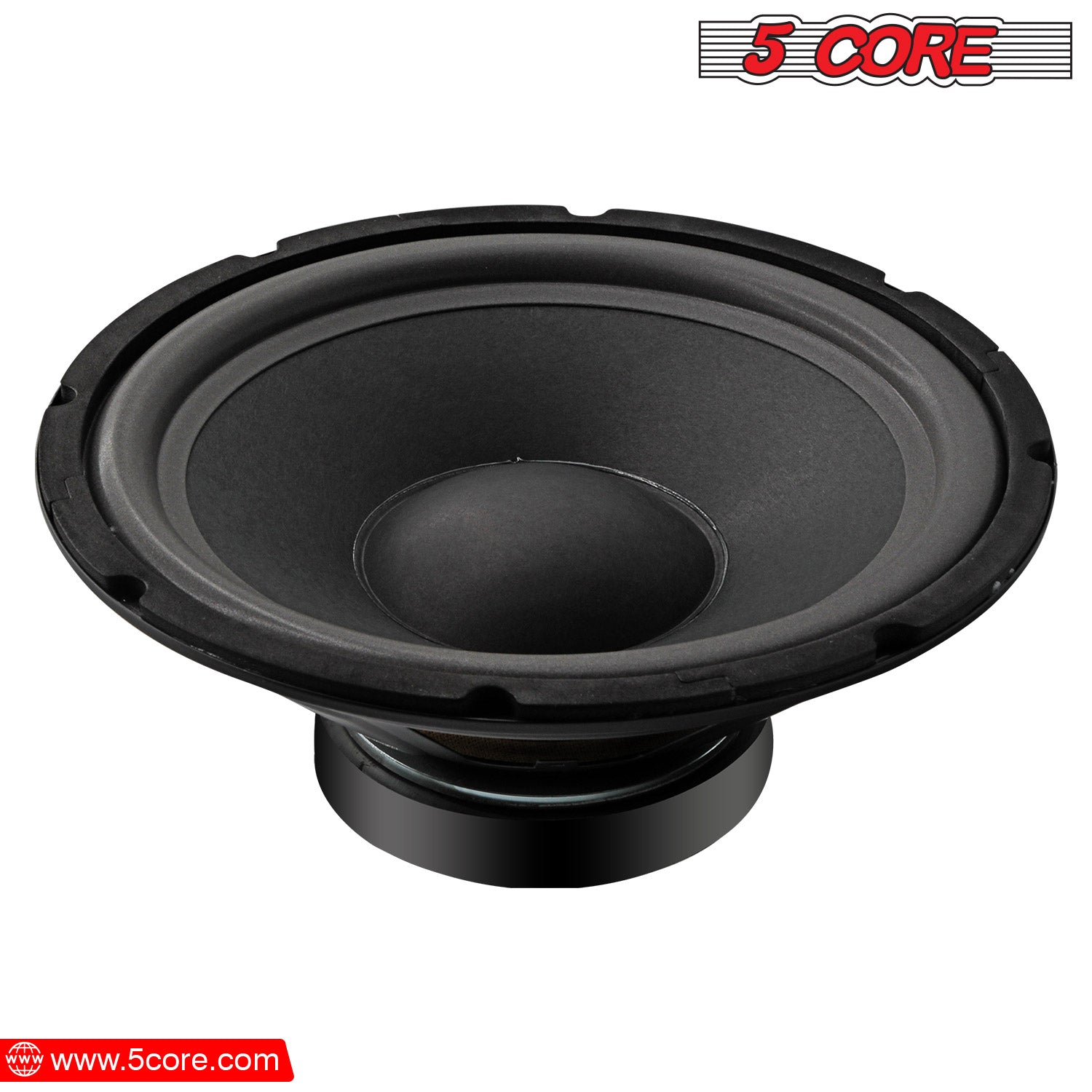 5Core 10 inch Subwoofer Speaker with a black paper cone and rubber edge, designed for car audio systems, showcasing its robust construction and powerful magnet.
