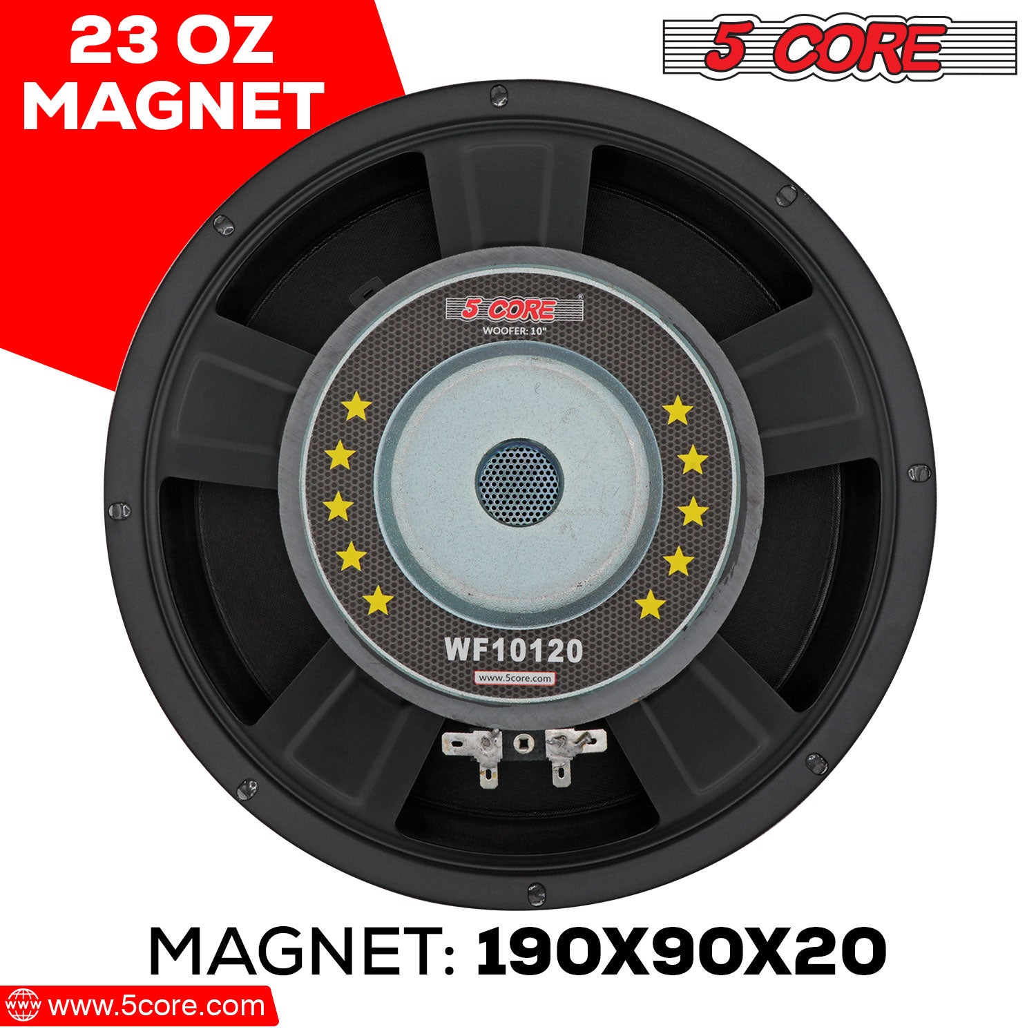 5Core 10 inch Subwoofer Speaker with a black paper cone and rubber edge, designed for car audio systems, showcasing its robust construction and powerful magnet.