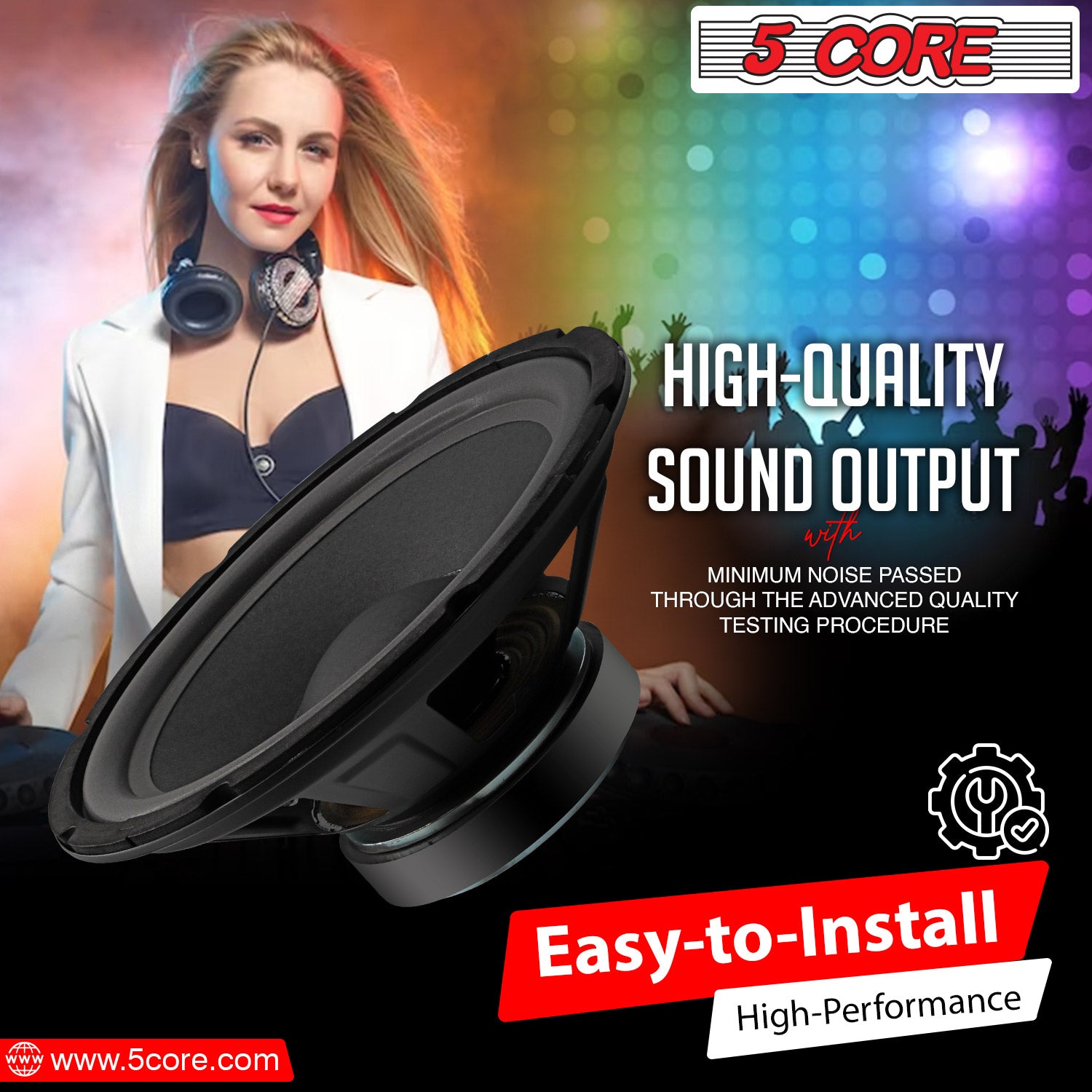 5Core 10 inch Subwoofer Speaker with a black paper cone and rubber edge, designed for car audio systems, showcasing its robust construction and powerful magnet.