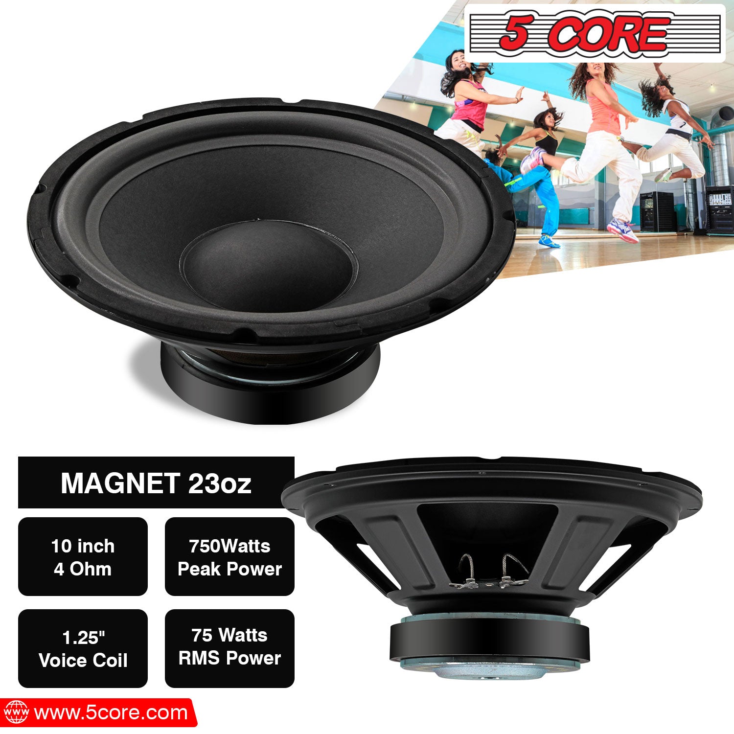 5Core 10 inch Subwoofer Speaker with a black paper cone and rubber edge, designed for car audio systems, showcasing its robust construction and powerful magnet.