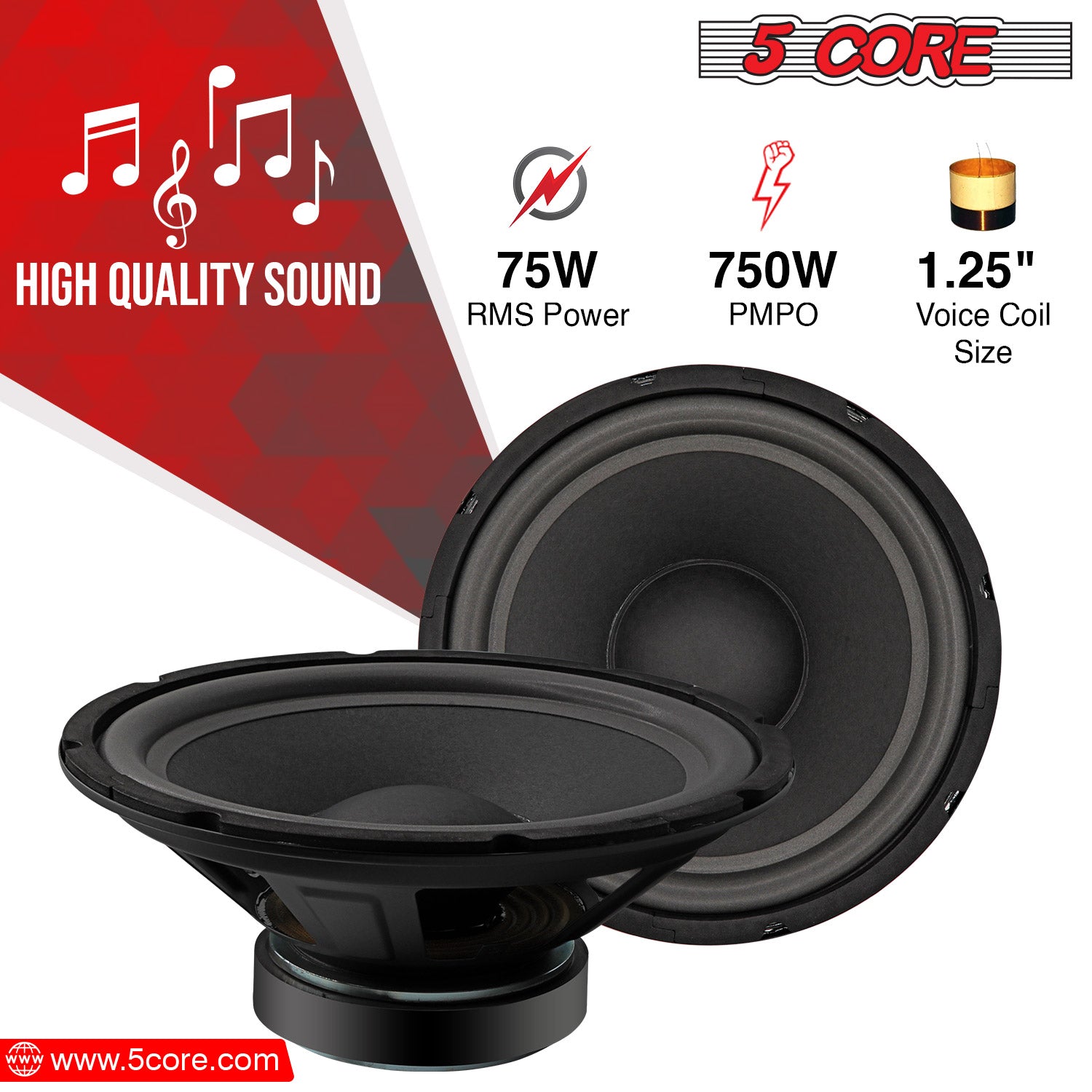5Core 10 inch Subwoofer Speaker with a black paper cone and rubber edge, designed for car audio systems, showcasing its robust construction and powerful magnet.