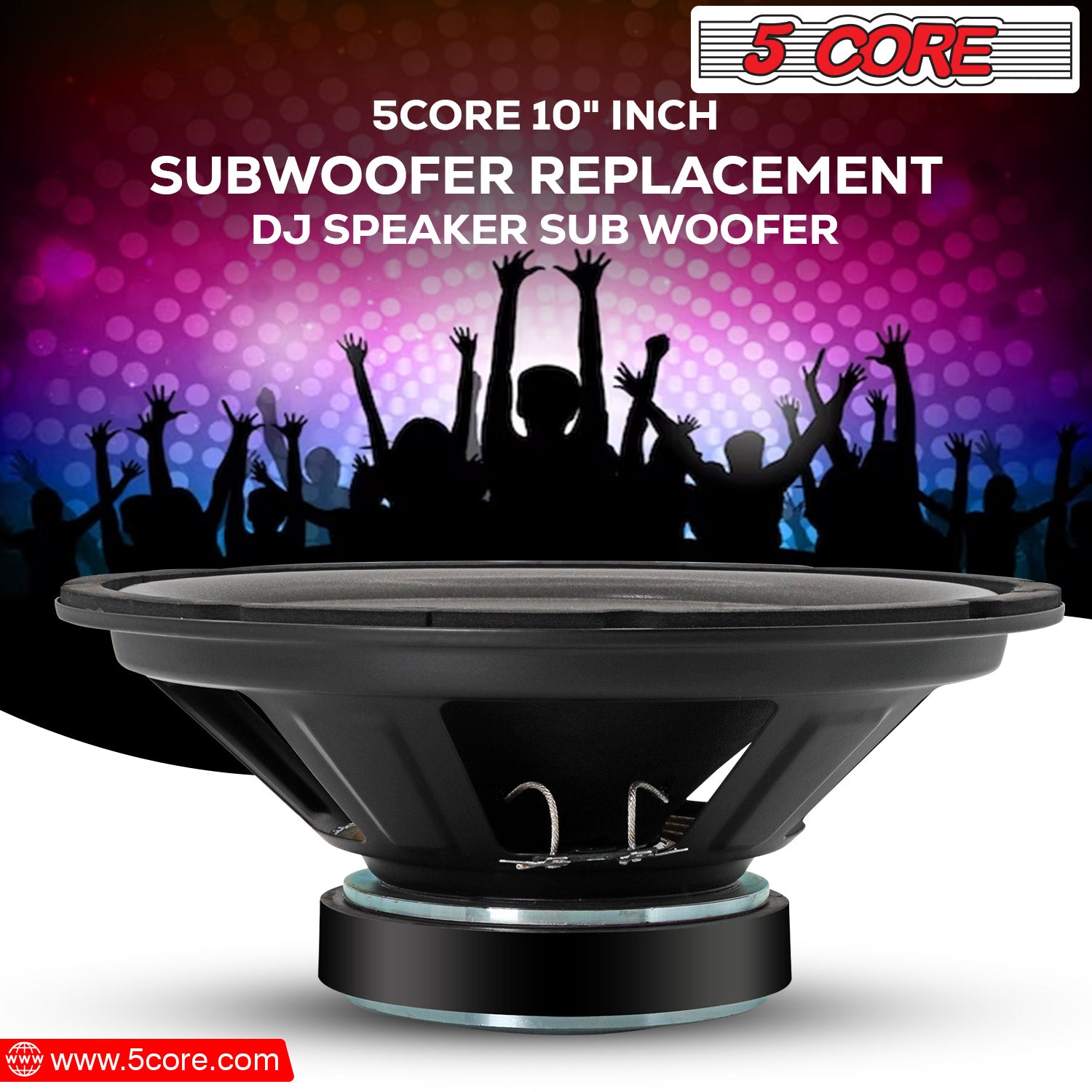 5Core 10 inch Subwoofer Speaker with a black paper cone and rubber edge, designed for car audio systems, showcasing its robust construction and powerful magnet.