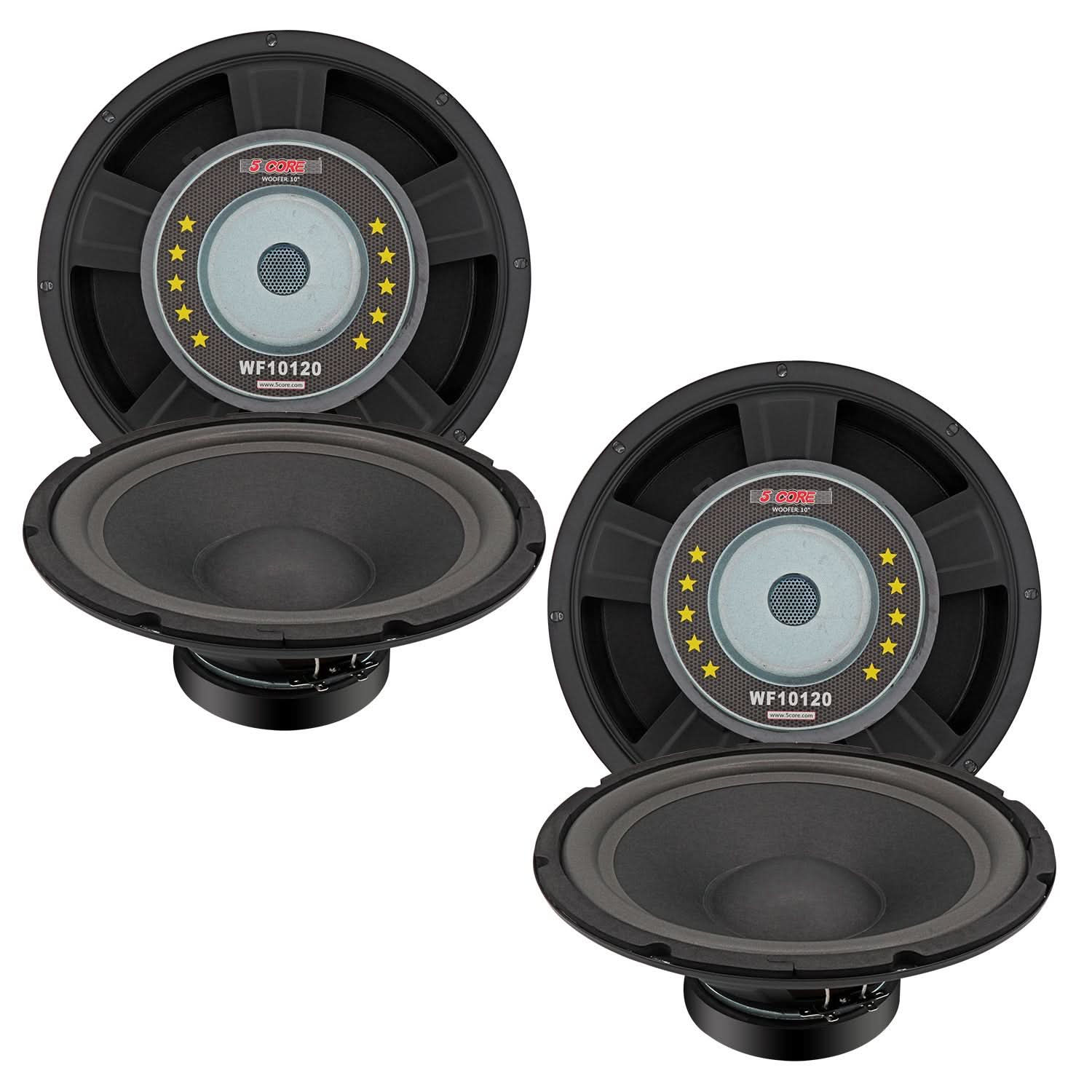 5Core 10 inch Subwoofer Speaker showcasing robust design and features for powerful bass performance.