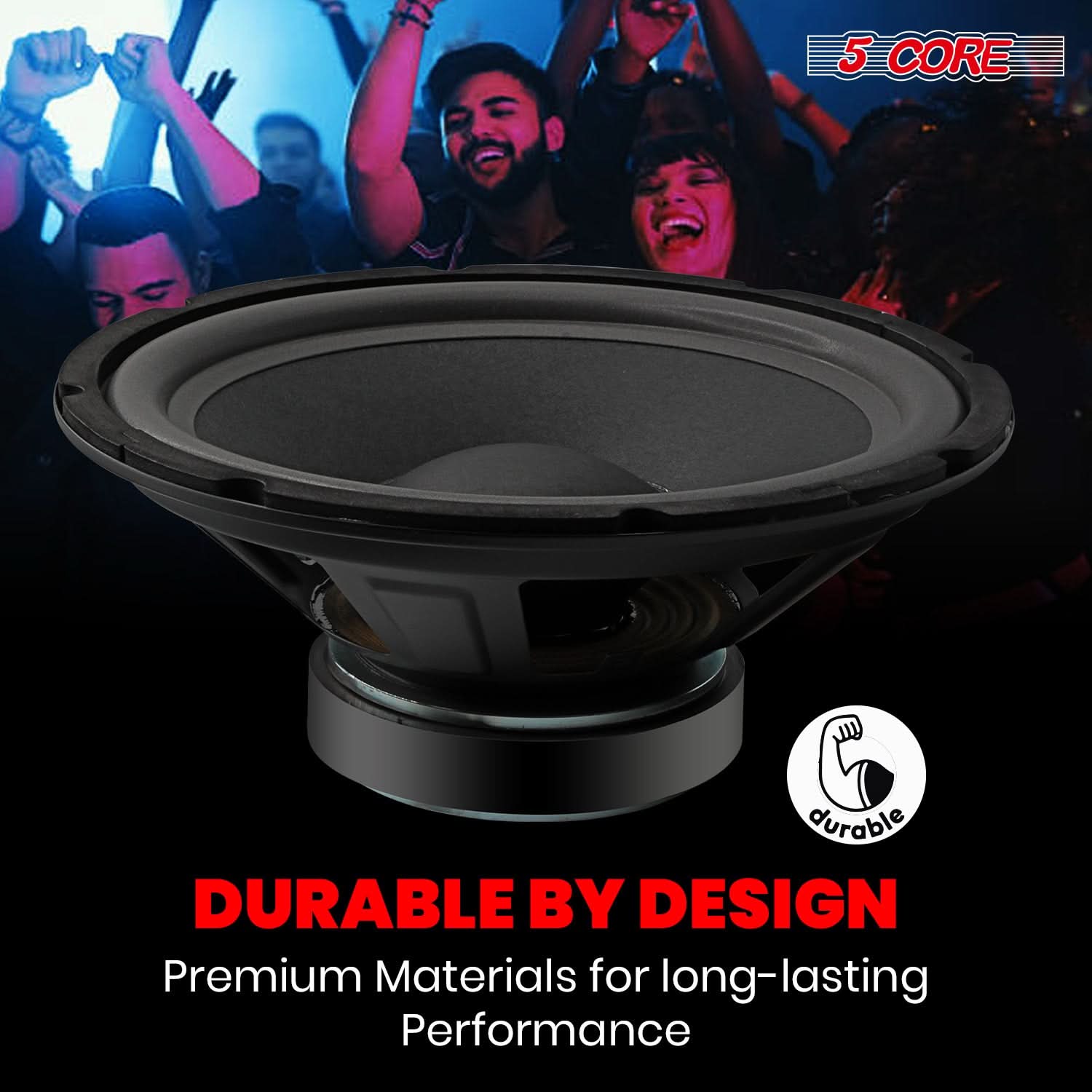 5Core 10 inch Subwoofer Speaker showcasing robust design and features for powerful bass performance.