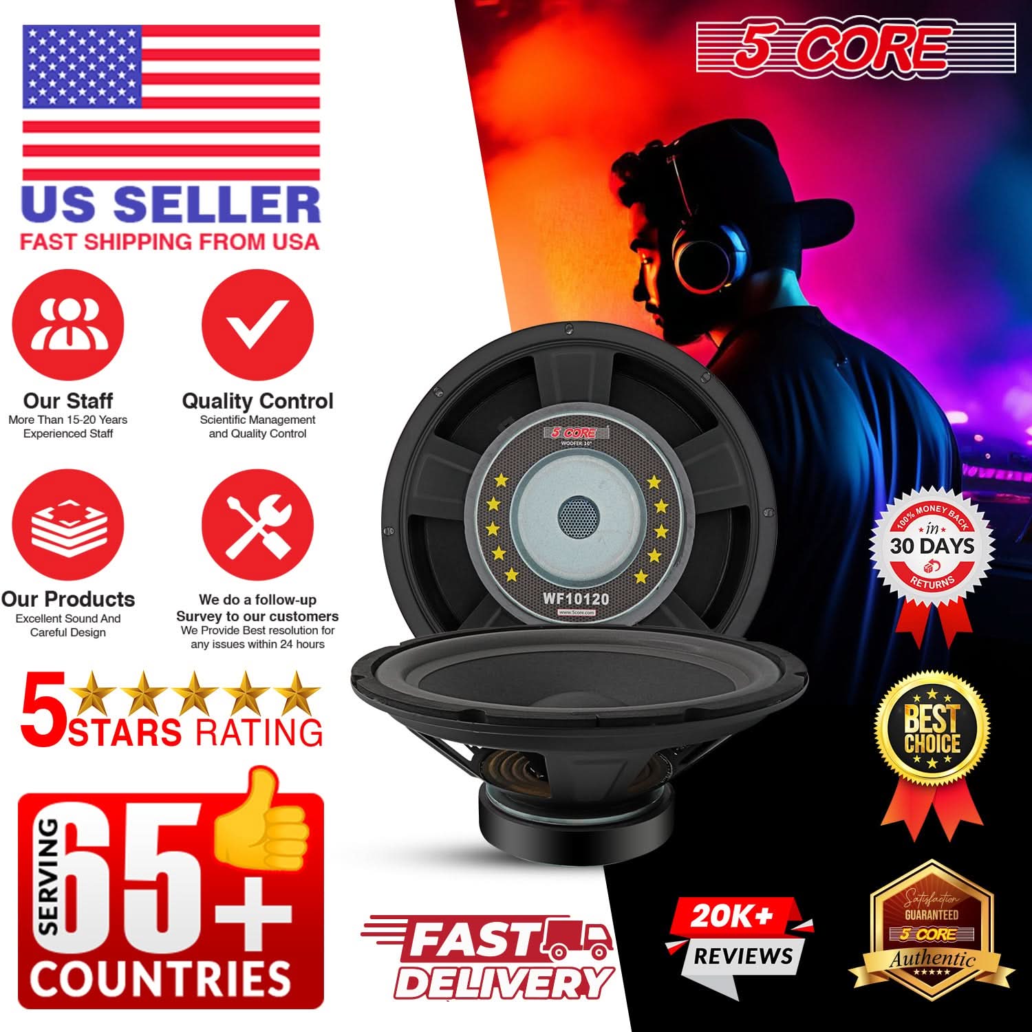 5Core 10 inch Subwoofer Speaker showcasing robust design and features for powerful bass performance.