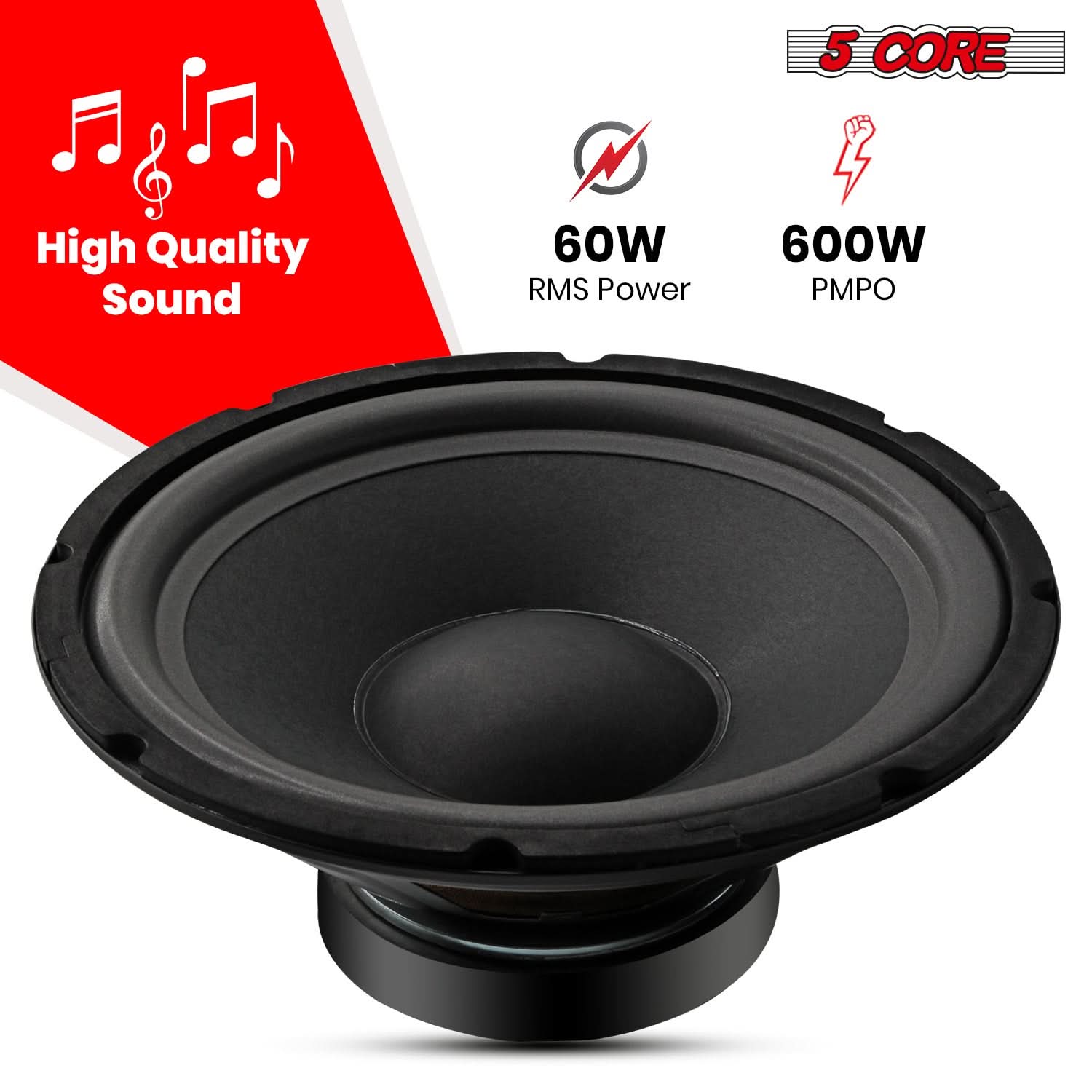 5Core 10 inch Subwoofer Speaker showcasing robust design and features for powerful bass performance.