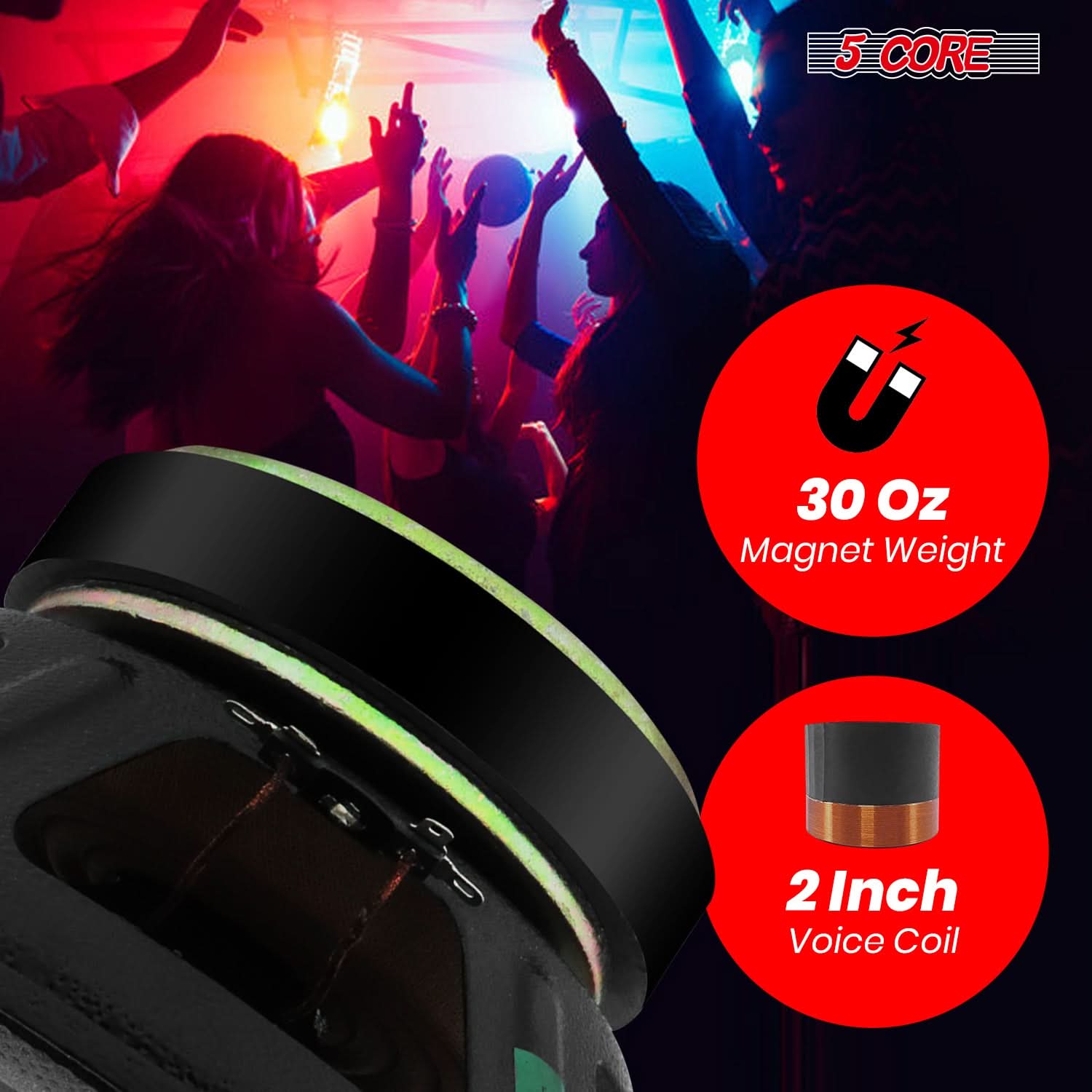 5Core 10 inch Subwoofer Speaker showcasing robust design and features for powerful bass performance.