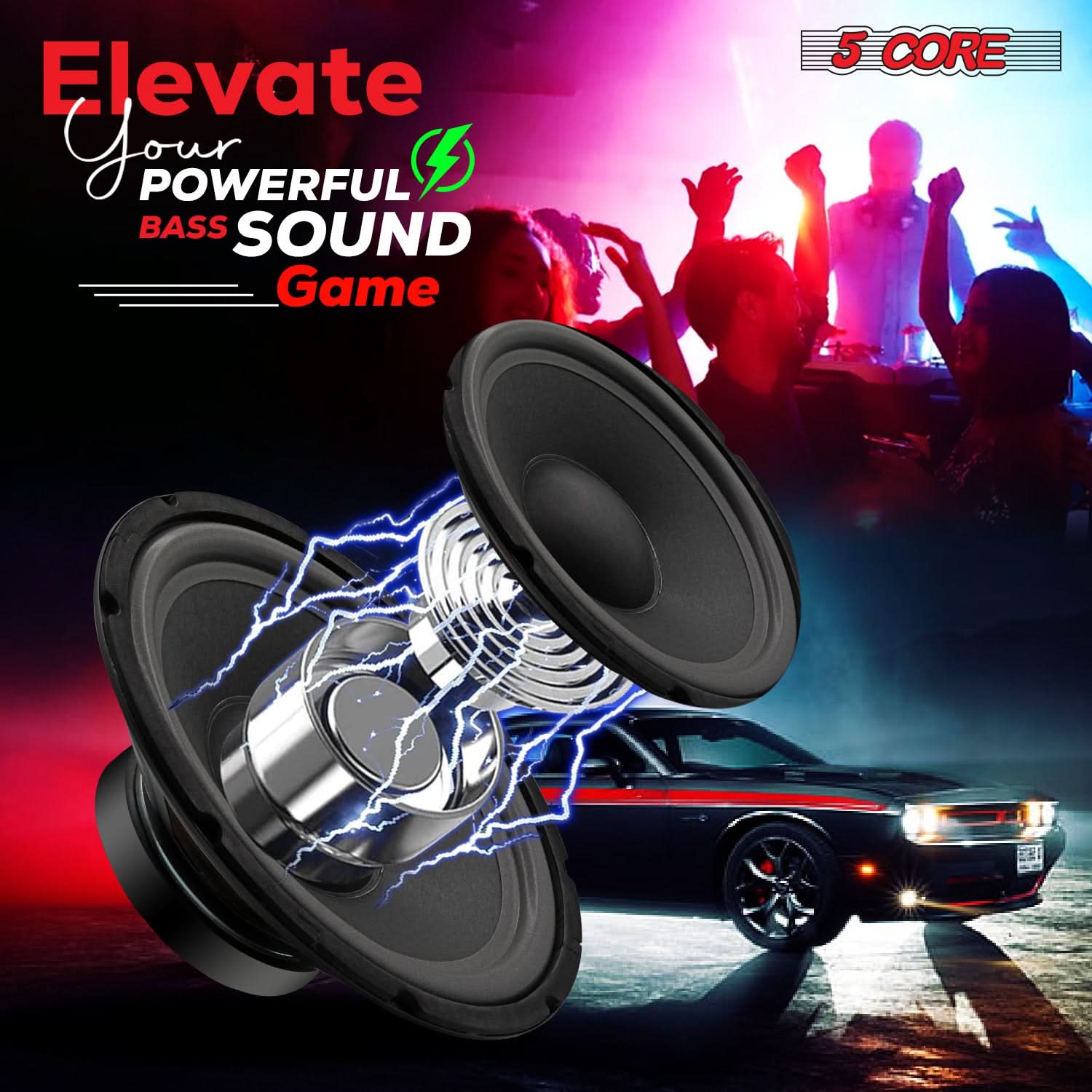 5Core 10 inch Subwoofer Speaker showcasing robust design and features for powerful bass performance.