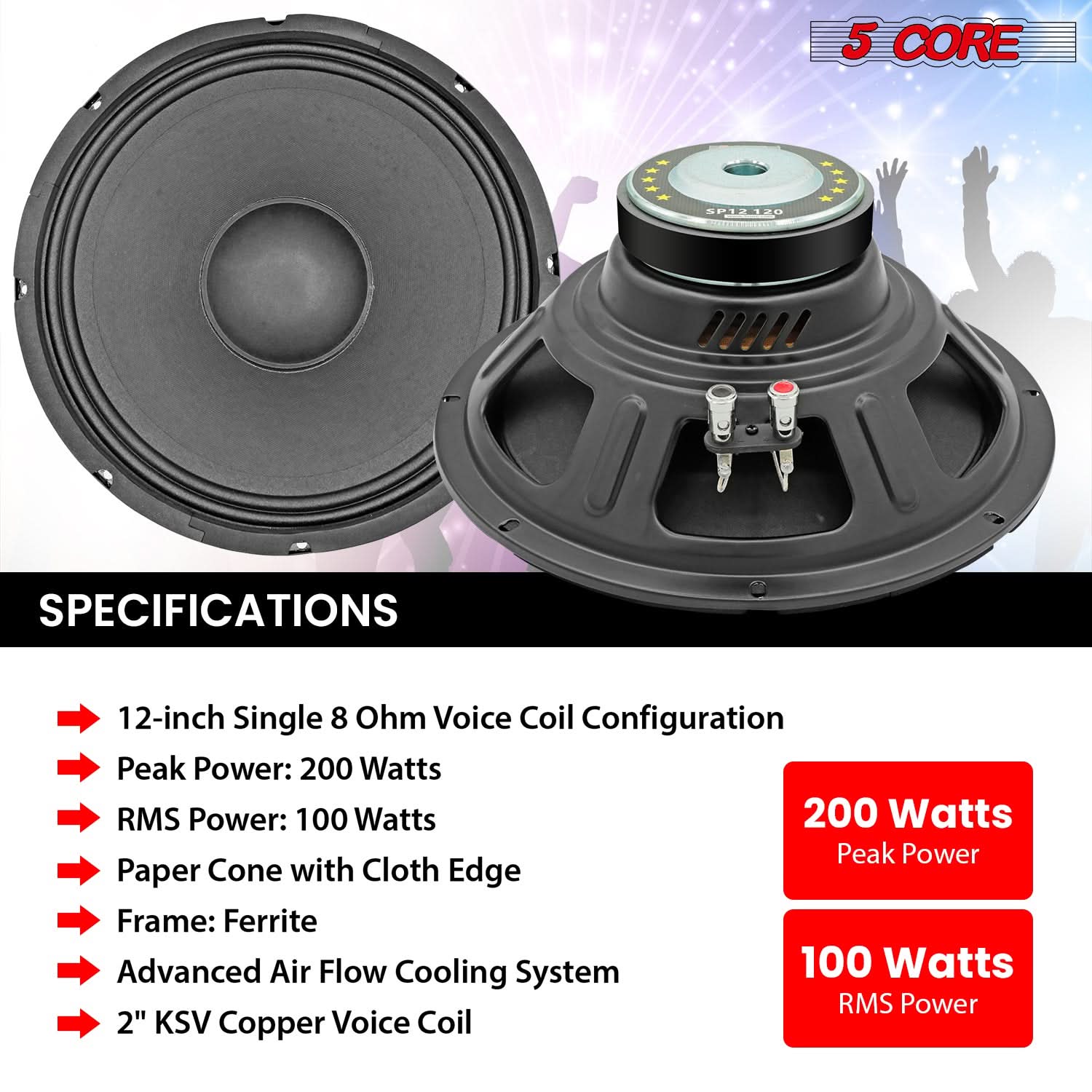 5Core 12 Inch DJ Subwoofer Speaker showcasing robust design and features for powerful audio performance.
