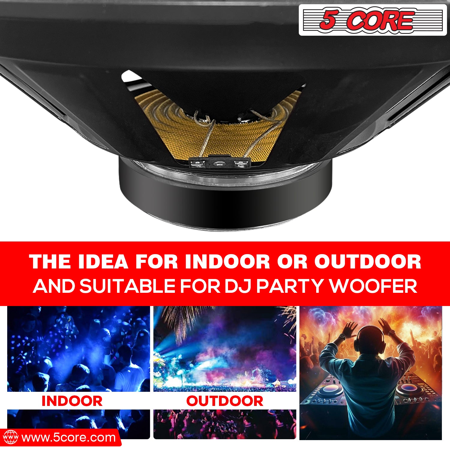 5Core 15 Inch Subwoofer Speaker showcasing its robust design and features, ideal for powerful audio performance.