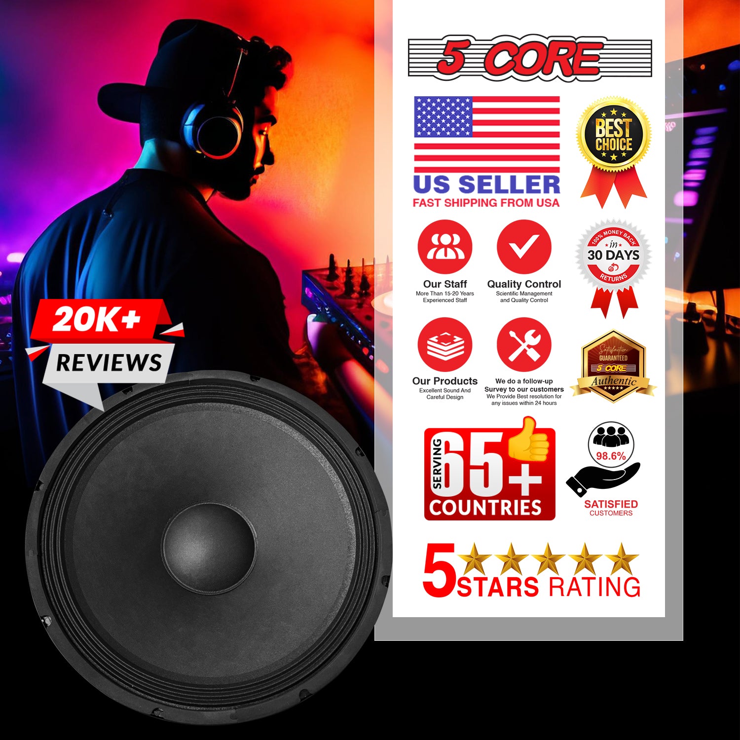 5Core 15 Inch Subwoofer Speaker showcasing its robust design and features, ideal for powerful audio performance.