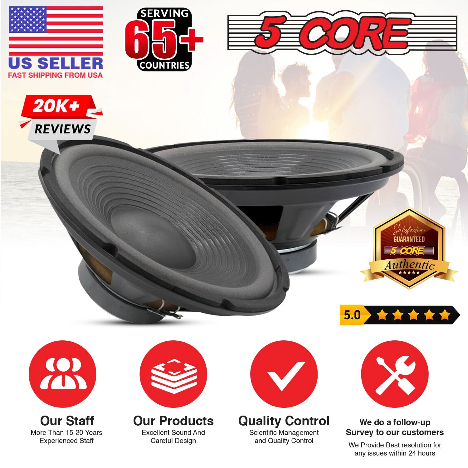 5Core 15 Inch Subwoofer Speaker with a robust design, featuring a steel frame and paper edge cone for deep bass and high performance.