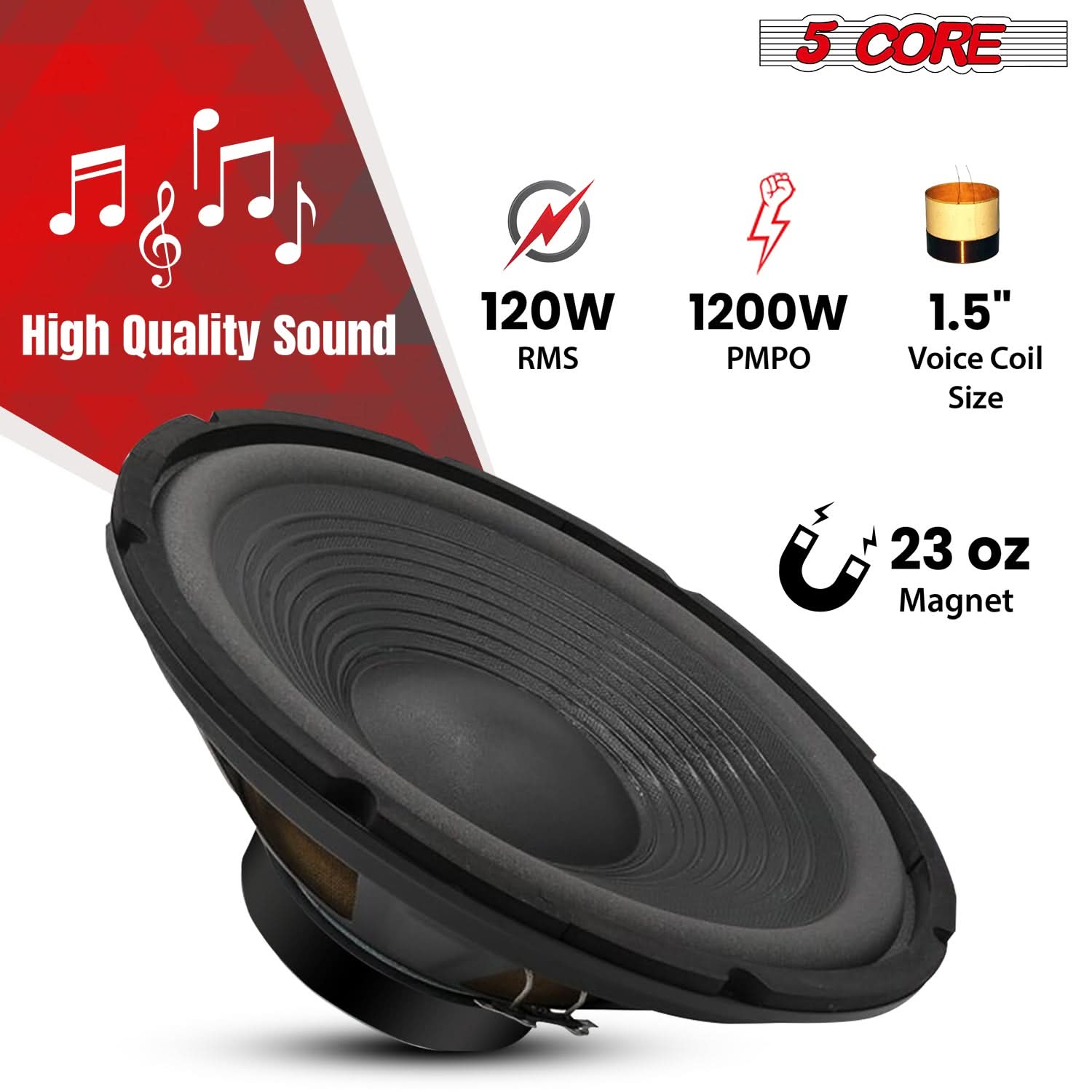 5Core 15 Inch Subwoofer Speaker with a robust design, featuring a steel frame and paper edge cone for deep bass and high performance.