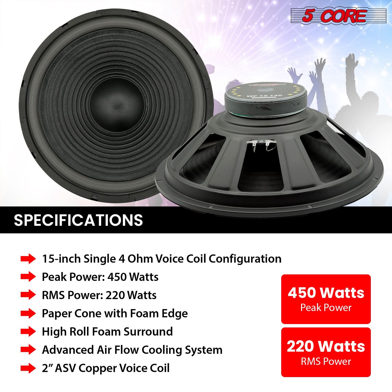 5Core 15 Inch Subwoofer Speaker with a robust design, featuring a steel frame and paper edge cone for deep bass and high performance.