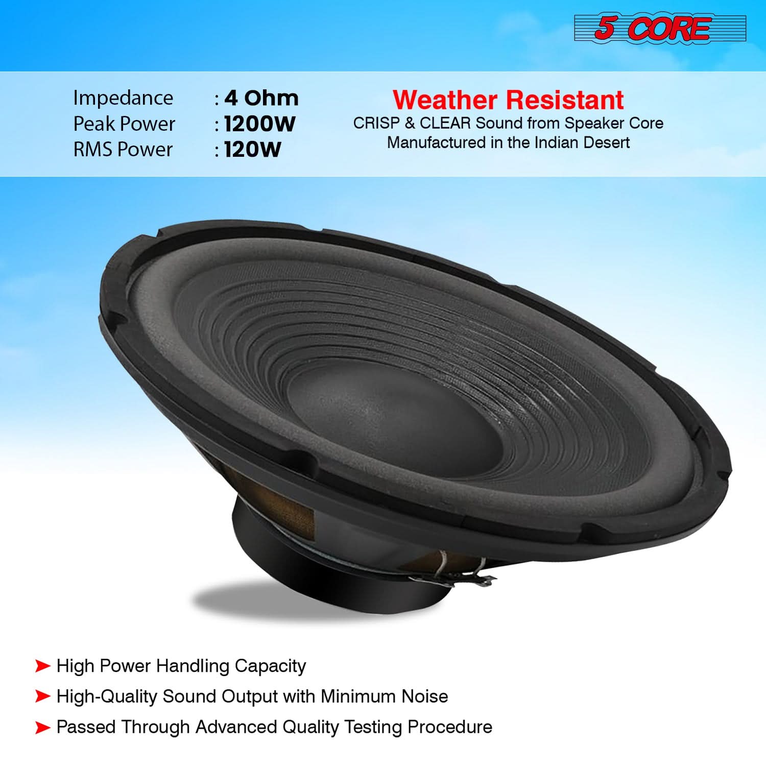 5Core 15 Inch Subwoofer Speaker with a robust design, featuring a steel frame and paper edge cone for deep bass and high performance.