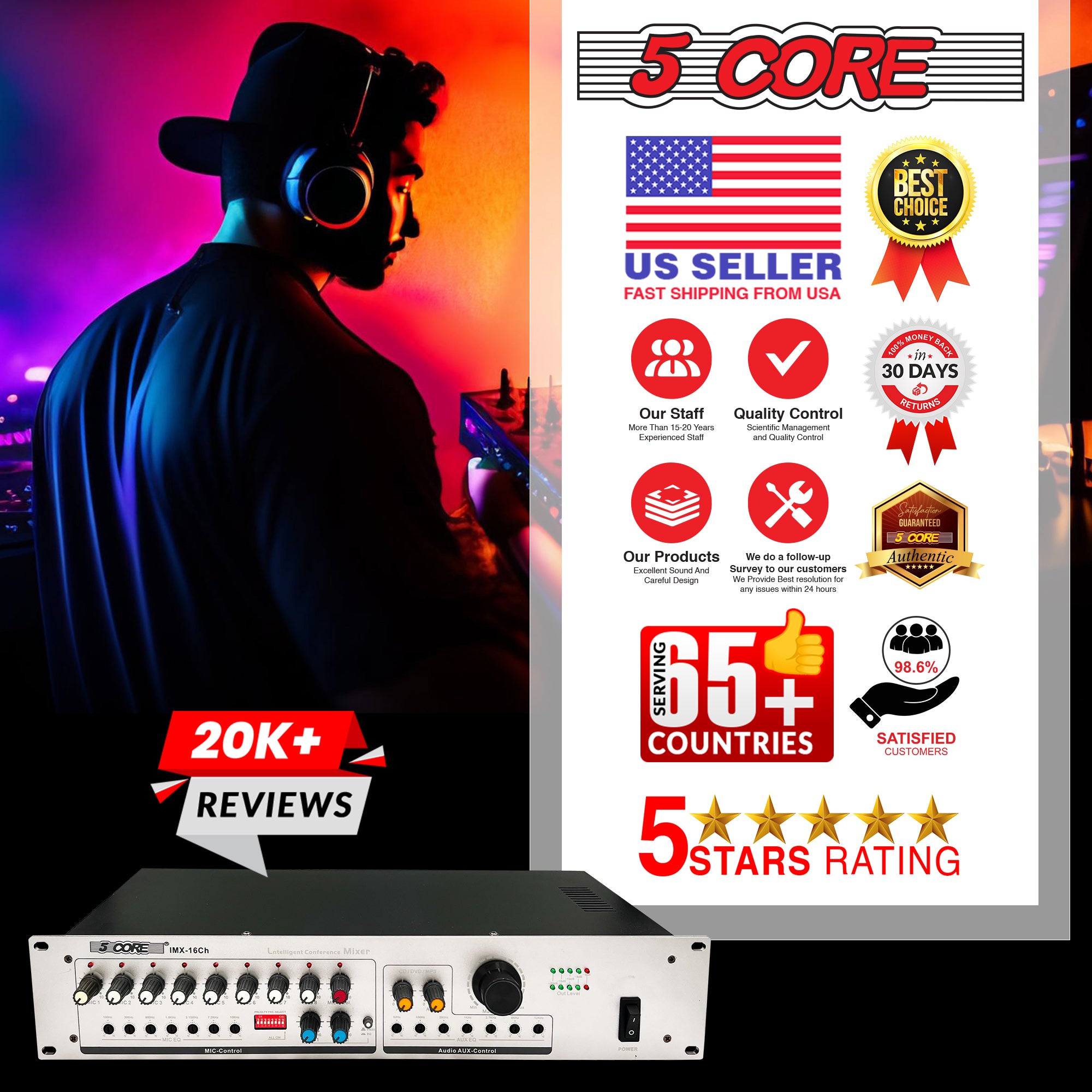 5Core 16 Channel Intelligent Conference Smart Audio Mixer showcasing its sleek design and multiple input options for professional audio mixing.
