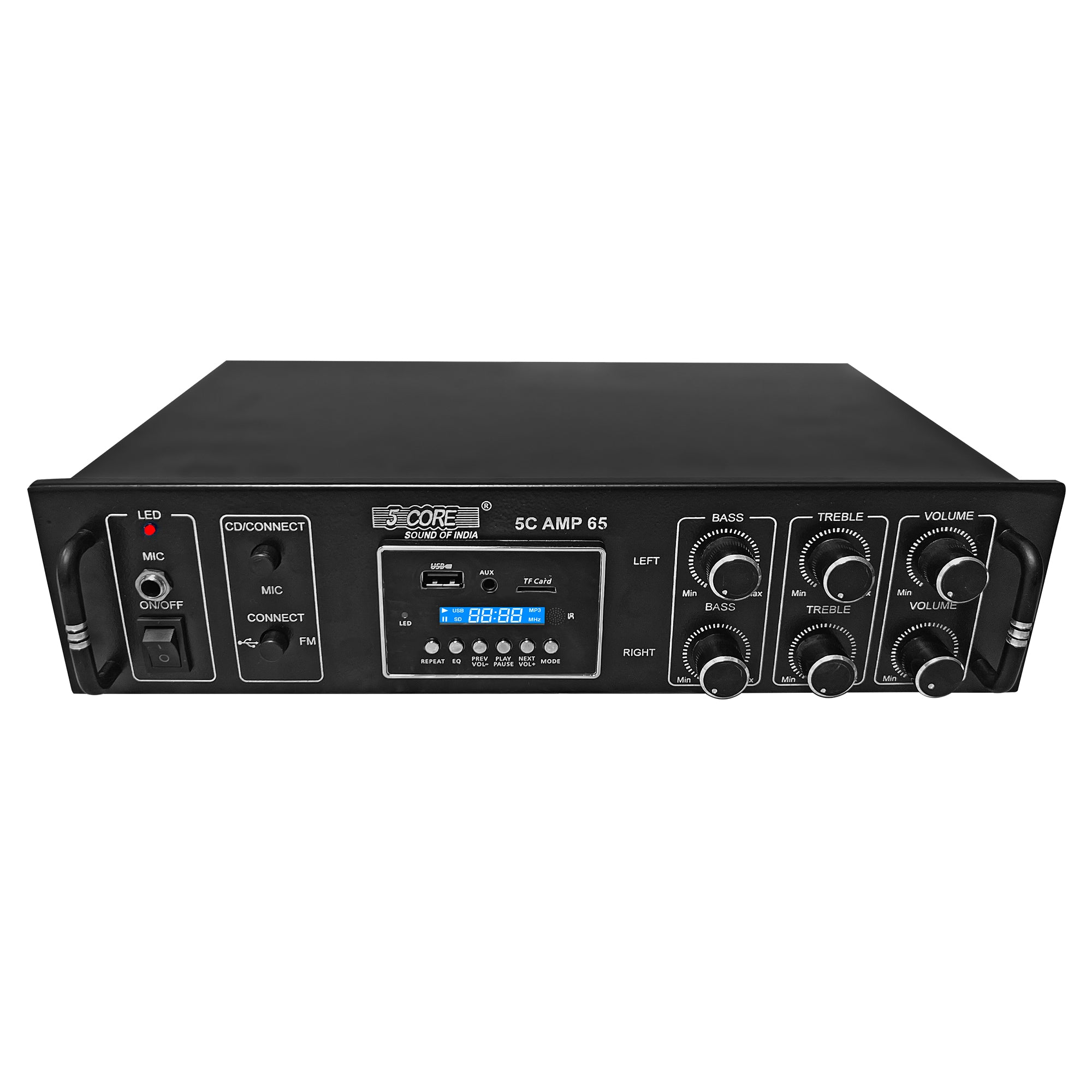 5Core Amplifier Home Audio 65W RMS Stereo Receiver with USB and AUX inputs, showcasing its sleek black design and multiple connectivity options.