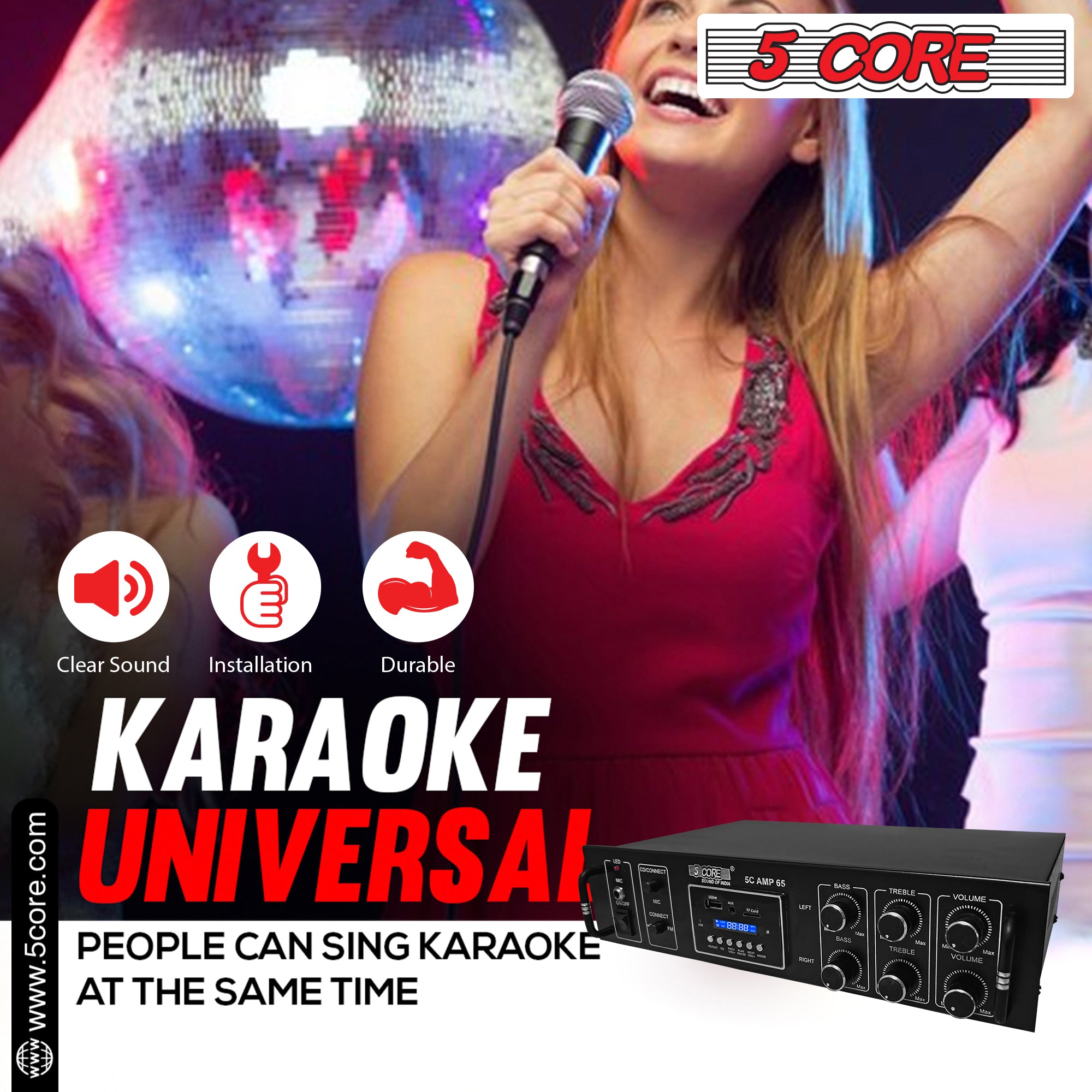 5Core Amplifier Home Audio 65W RMS Stereo Receiver with USB and AUX inputs, showcasing its sleek black design and multiple connectivity options.