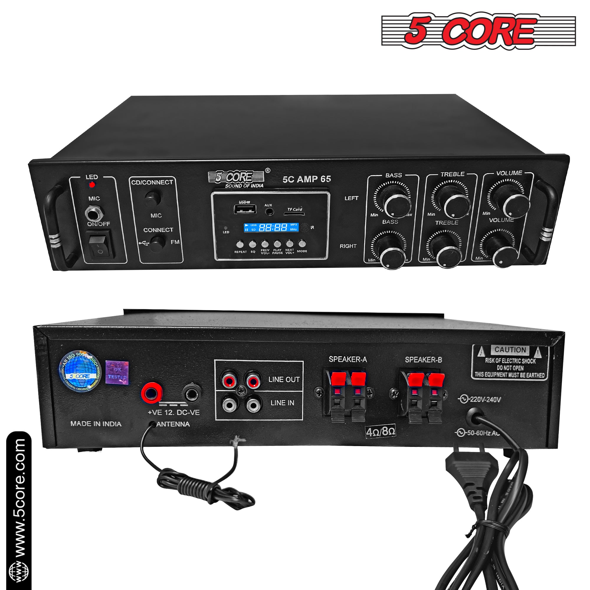 5Core Amplifier Home Audio 65W RMS Stereo Receiver with USB and AUX inputs, showcasing its sleek black design and multiple connectivity options.