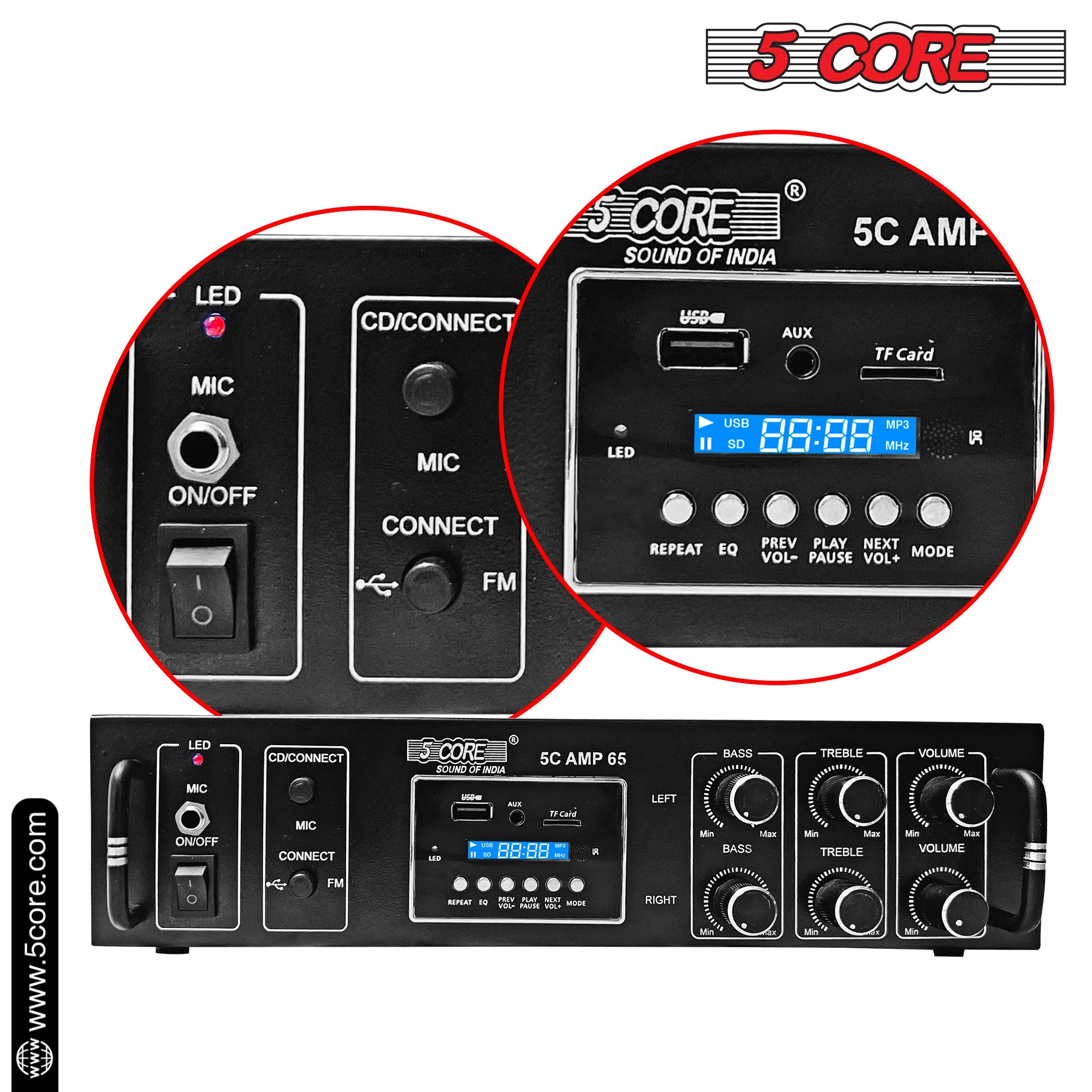 5Core Amplifier Home Audio 65W RMS Stereo Receiver with USB and AUX inputs, showcasing its sleek black design and multiple connectivity options.