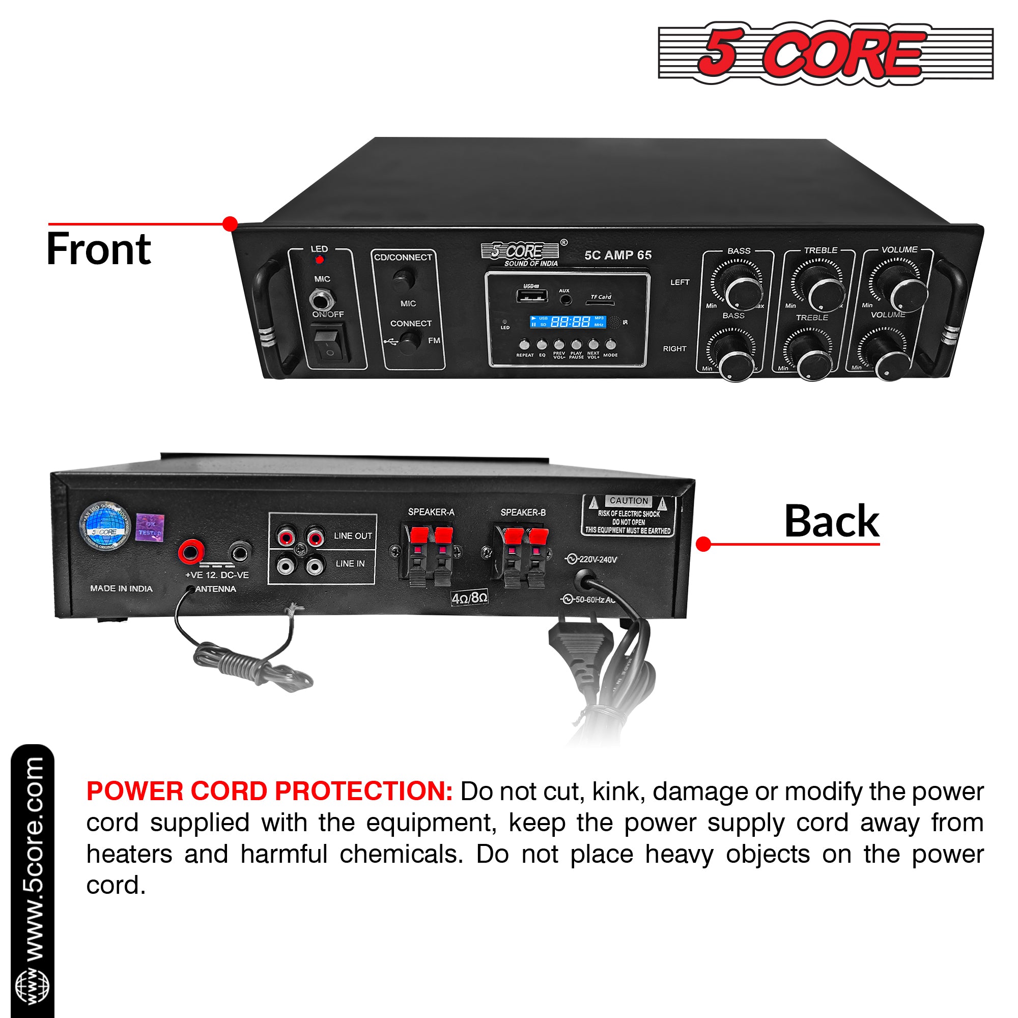 5Core Amplifier Home Audio 65W RMS Stereo Receiver with USB and AUX inputs, showcasing its sleek black design and multiple connectivity options.