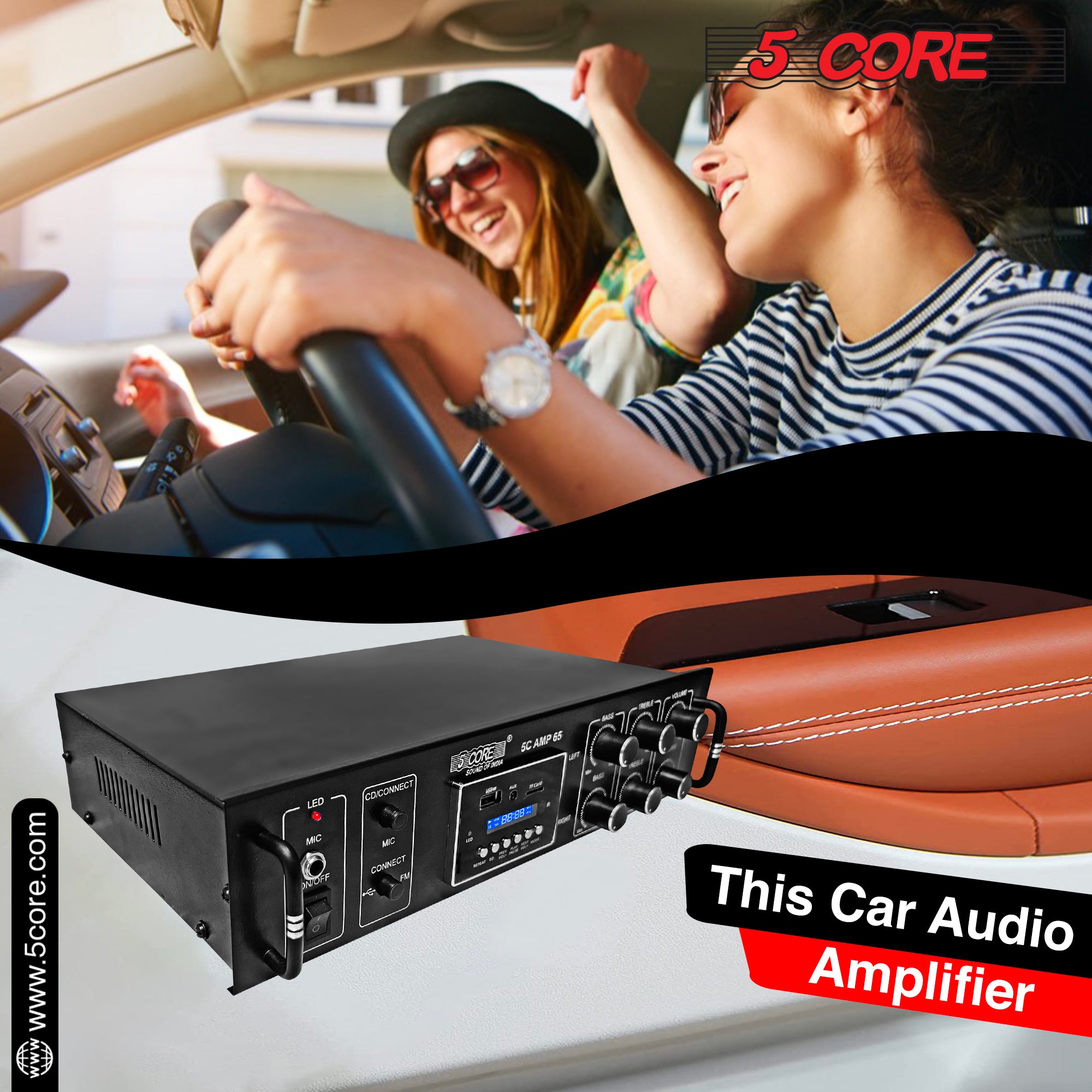 5Core Amplifier Home Audio 65W RMS Stereo Receiver with USB and AUX inputs, showcasing its sleek black design and multiple connectivity options.