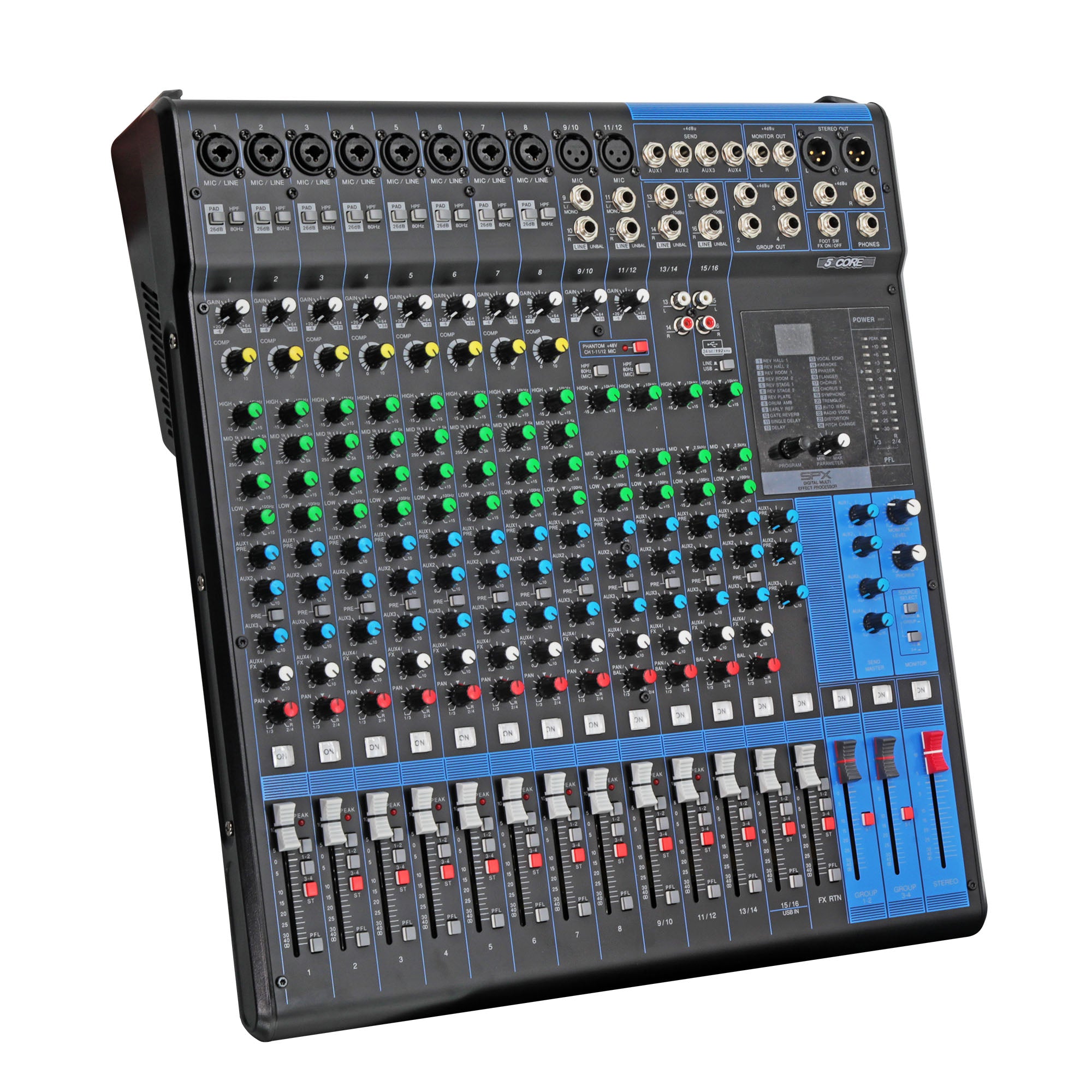 5Core Audio DJ Mixer with 16 channels and 24 SPX effects, showcasing its professional design and controls.
