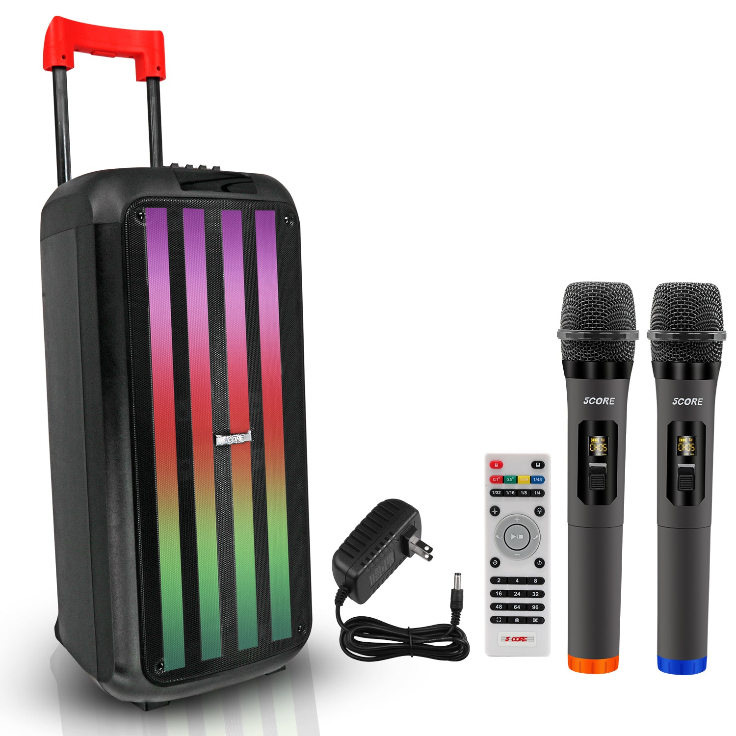5Core Bluetooth Party Speaker with RGB lights and two microphones, designed for karaoke and parties.