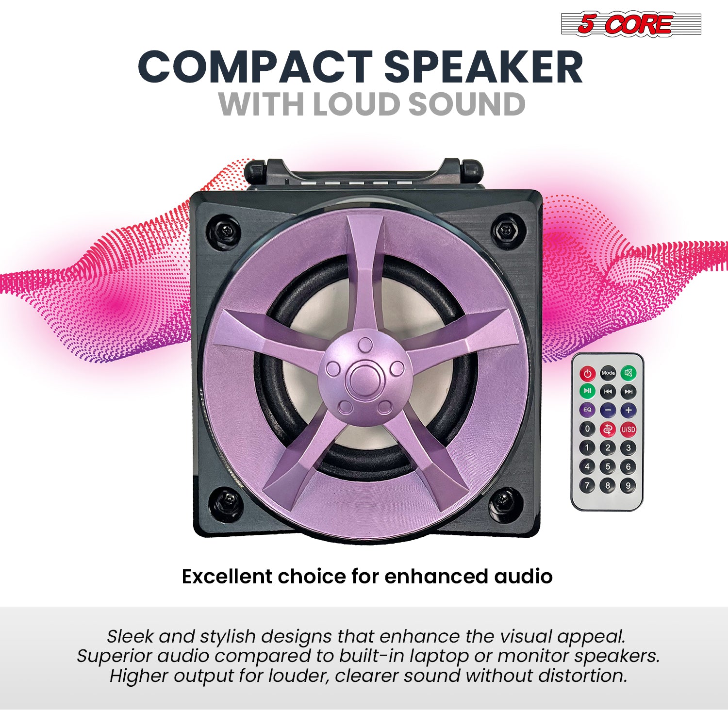 5Core Bookshelf Speaker Powered Studio Monitor, compact design with dual drivers and remote control, ideal for home and studio use.