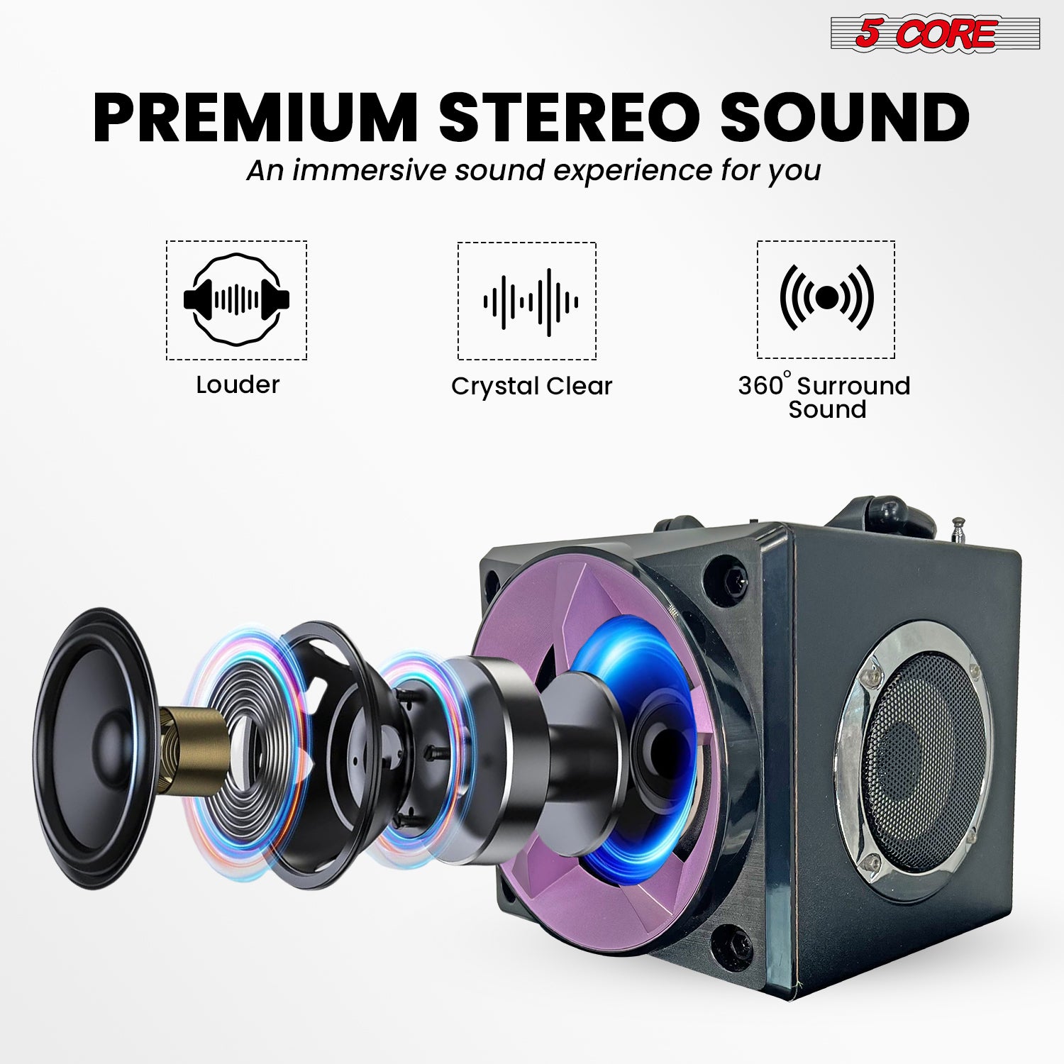 5Core Bookshelf Speaker Powered Studio Monitor, compact design with dual drivers and remote control, ideal for home and studio use.