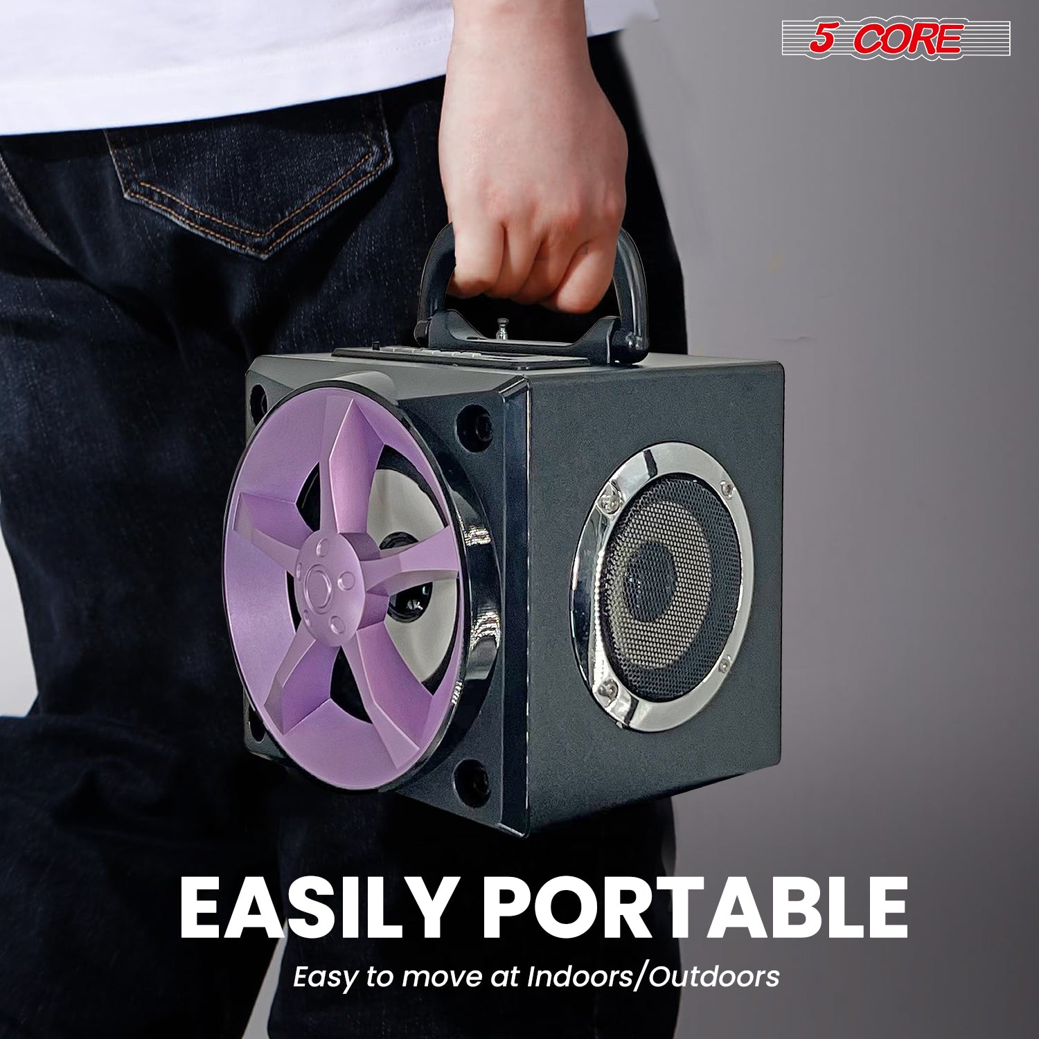 5Core Bookshelf Speaker Powered Studio Monitor, compact design with dual drivers and remote control, ideal for home and studio use.