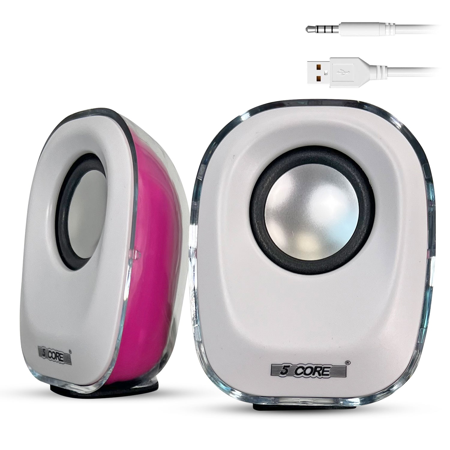 5Core Computer Speakers Pair showcasing a sleek pink design, perfect for desktops and laptops, delivering high-quality sound.