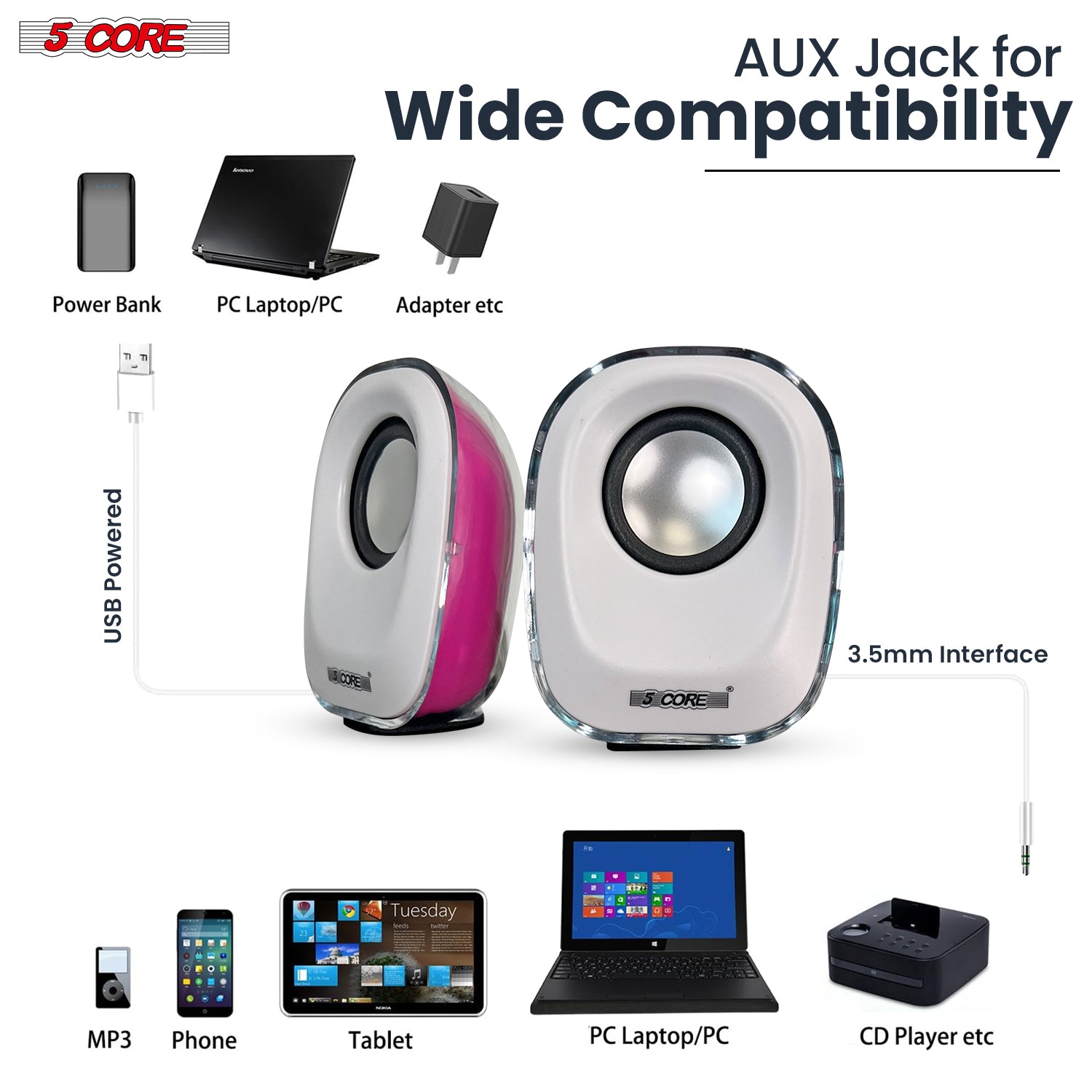 5Core Computer Speakers Pair showcasing a sleek pink design, perfect for desktops and laptops, delivering high-quality sound.