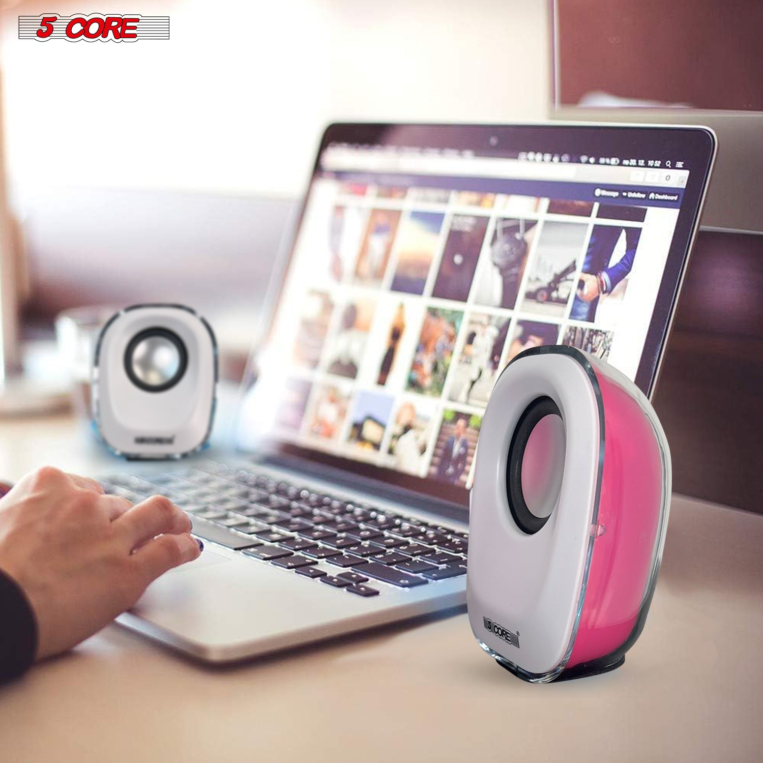 5Core Computer Speakers Pair showcasing a sleek pink design, perfect for desktops and laptops, delivering high-quality sound.