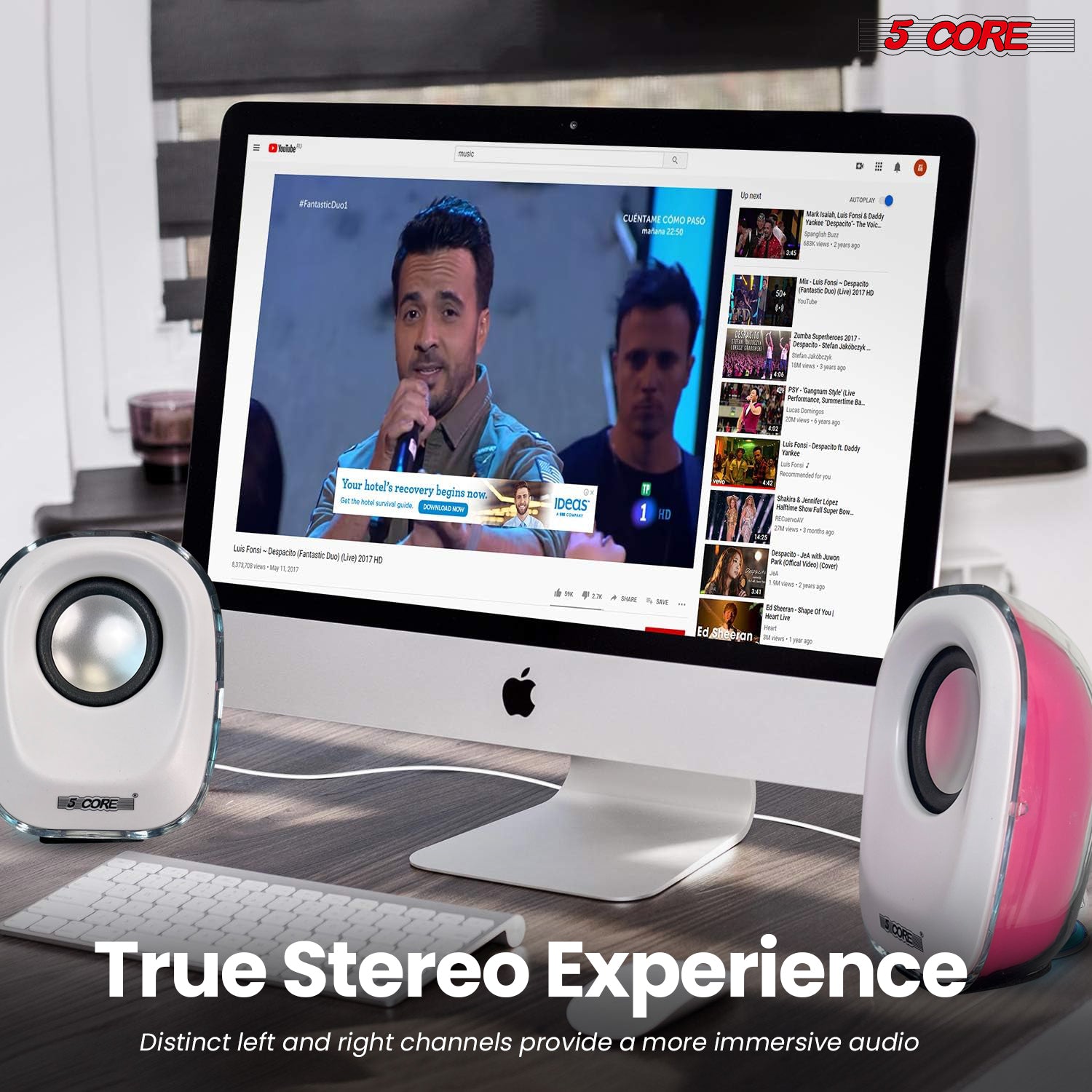 5Core Computer Speakers Pair showcasing a sleek pink design, perfect for desktops and laptops, delivering high-quality sound.