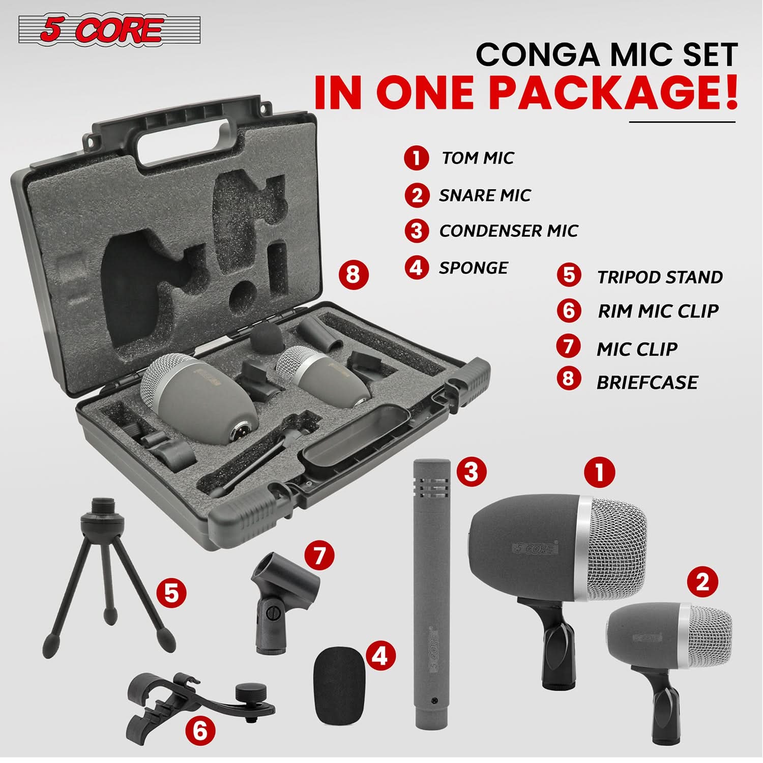 5Core Conga Mic Snare Tom Microphone with XLR connection, designed for professional sound quality in drum kits.
