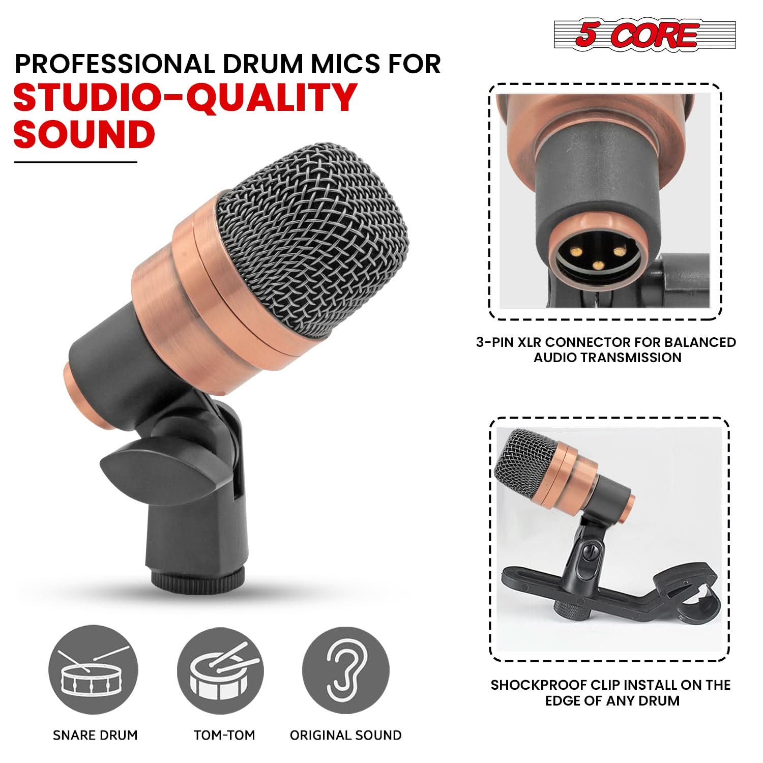 5Core Conga Mic Snare Tom Microphone with XLR connection, designed for professional sound quality in drum kits.