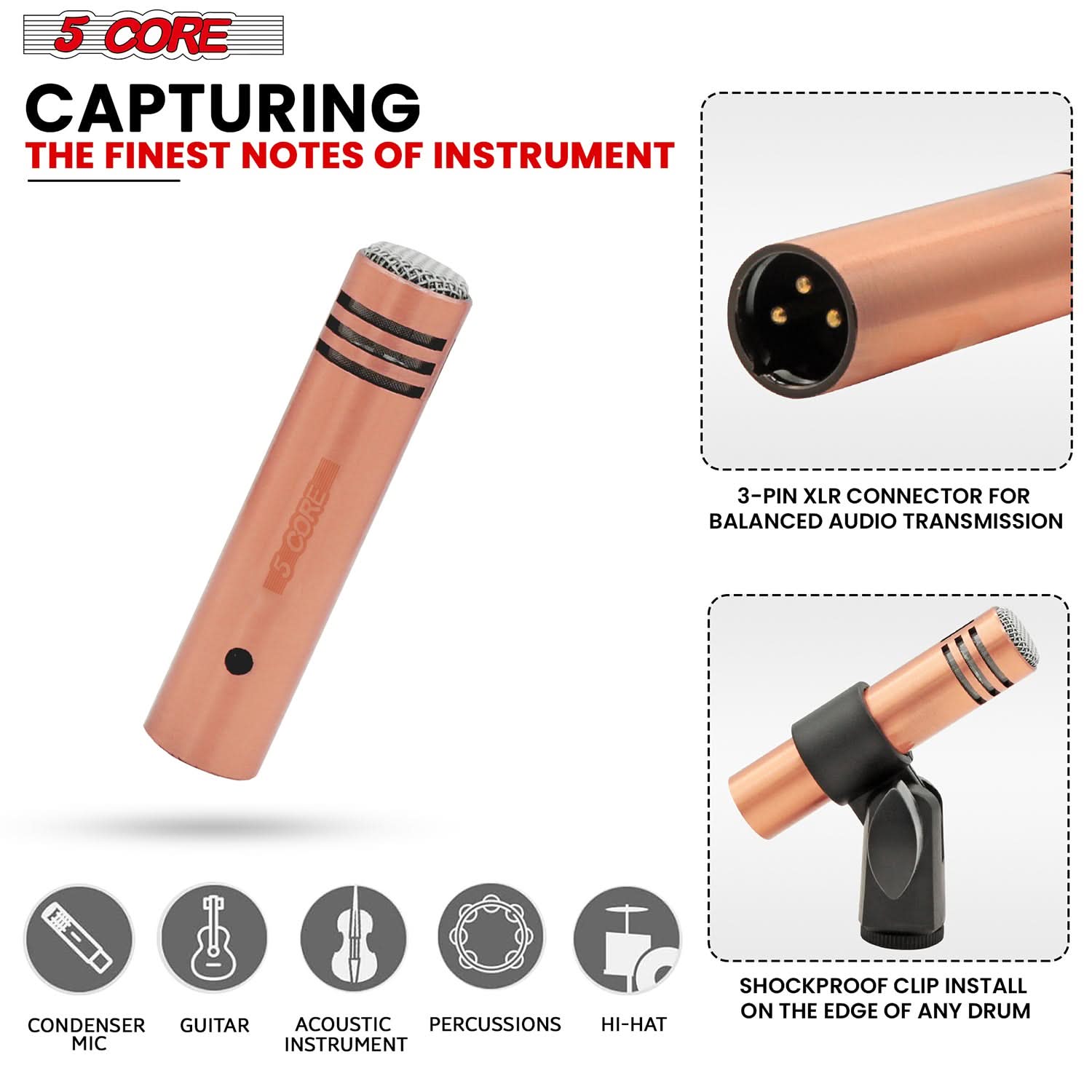 5Core Conga Mic Snare Tom Microphone with XLR connection, designed for professional sound quality in drum kits.