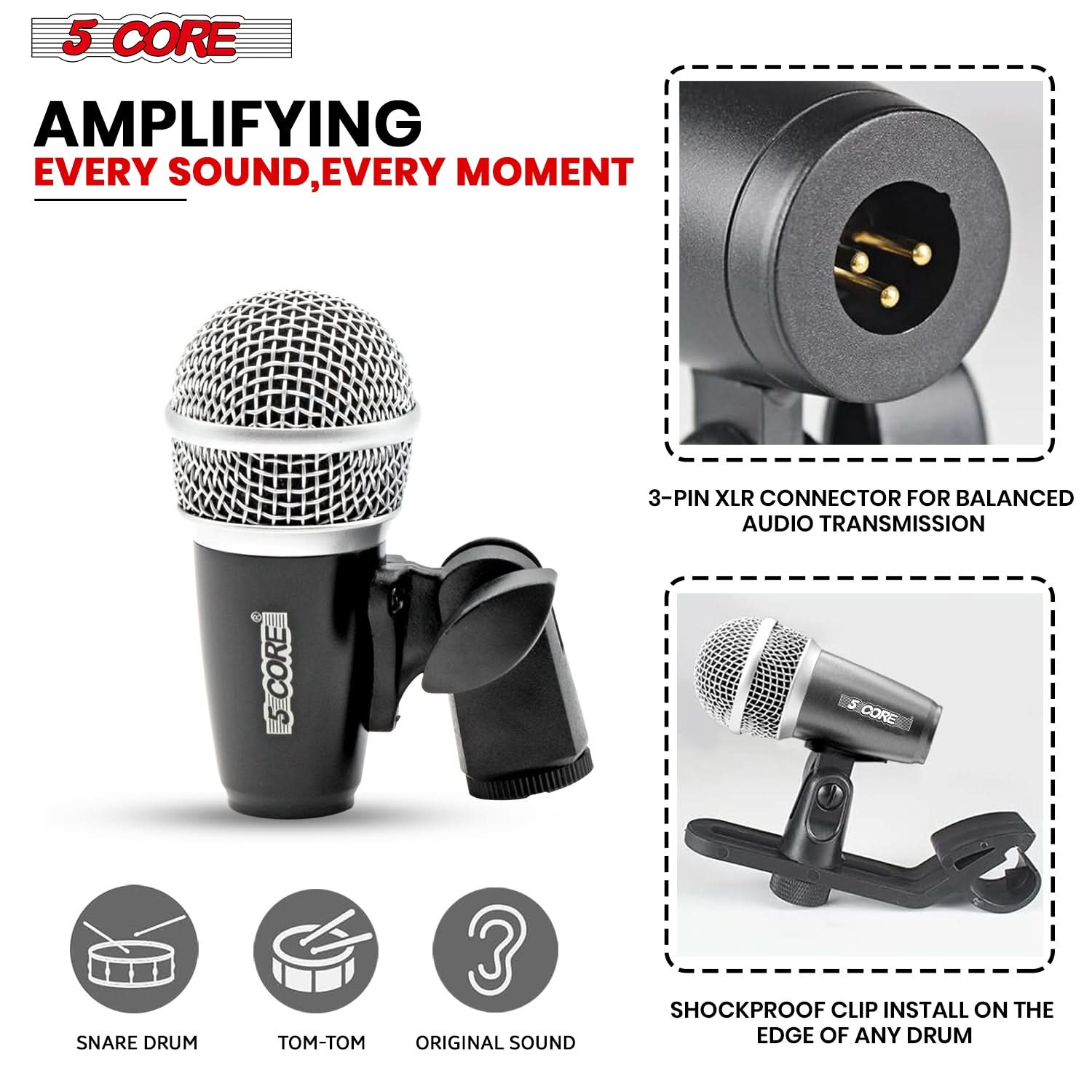 5Core Conga Mic Snare Tom Microphone with XLR connection, designed for professional sound quality in drum kits.